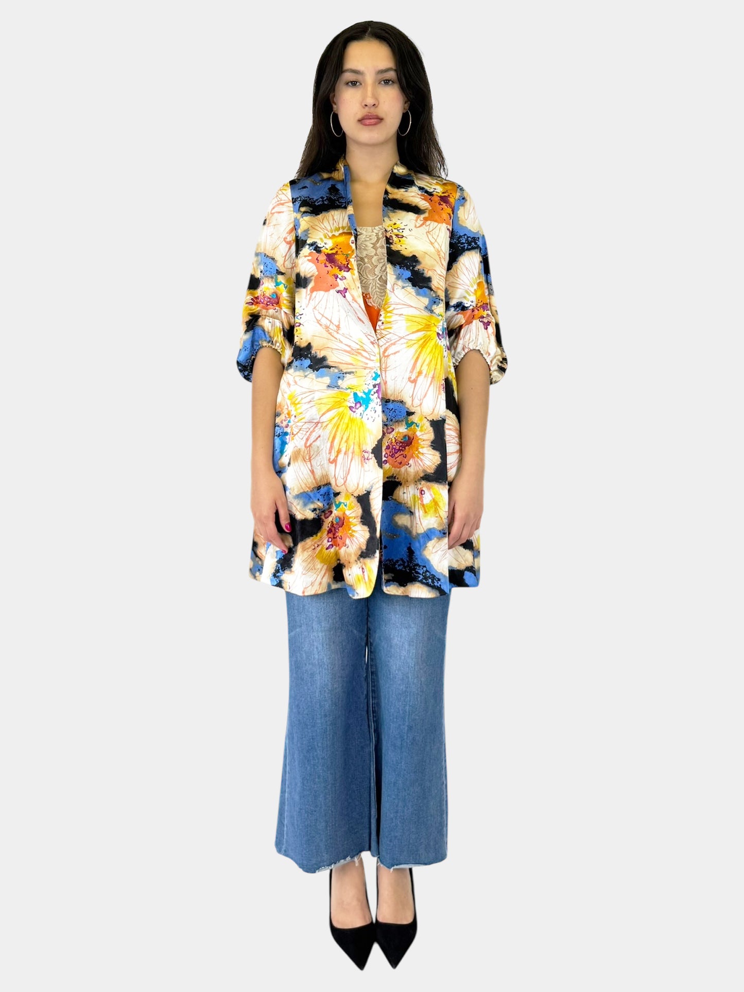 Abstract Floral Linen Coat - Size 0