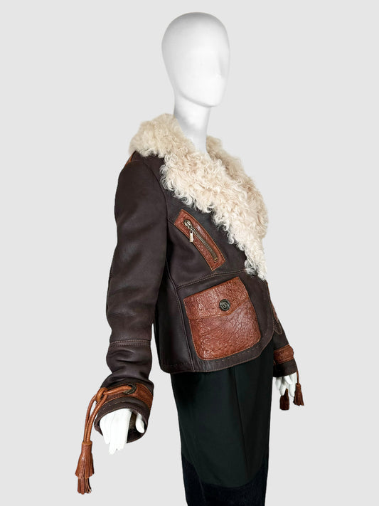 Just Cavalli Leather Jacket with Sherpa Collar - Size S