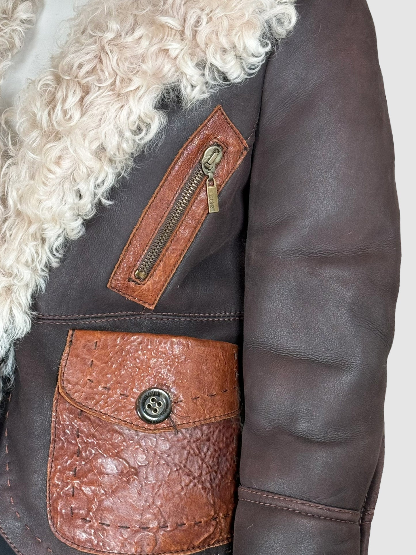 Just Cavalli Leather Jacket with Sherpa Collar - Size S