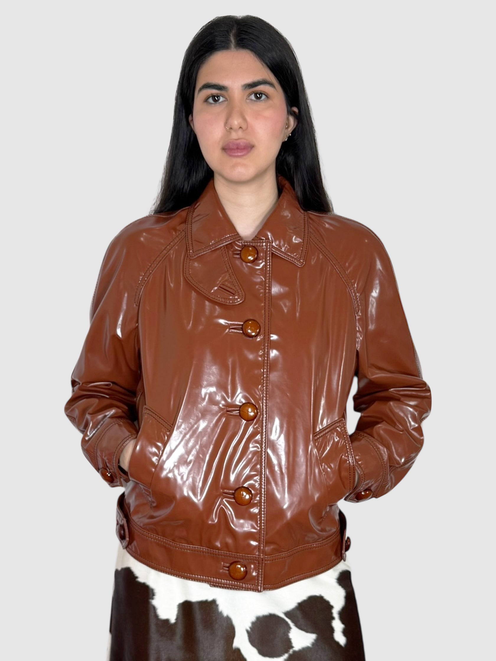 Prada Brown Vinyl Button-Up Jacket, Size 42 Luxury Designer Resale Consignment Toronto Canada Secondhand Trendy