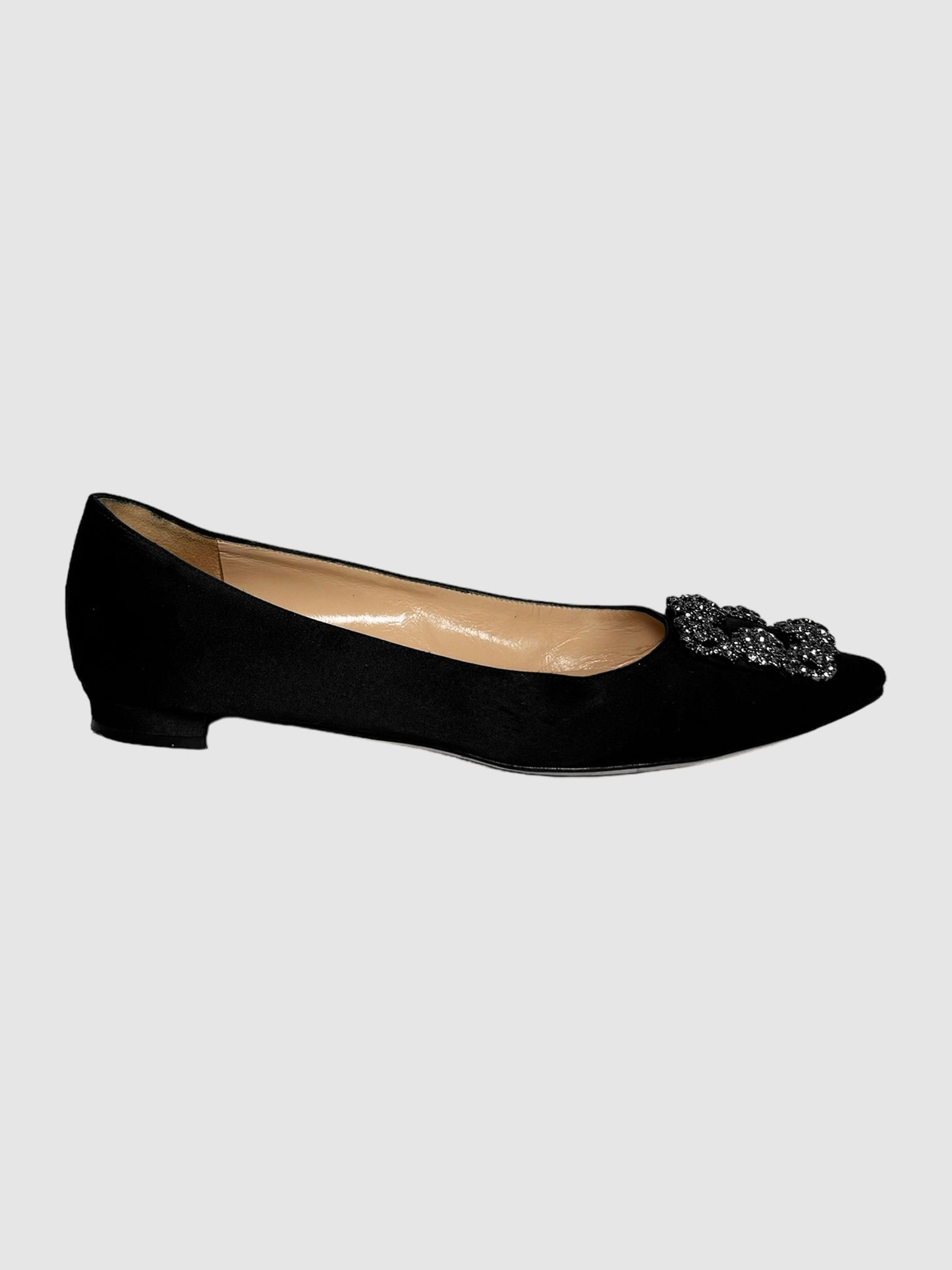 Manolo Blahnik HangisiflaBlack Satin Jewel Buckle Flats Consignment Secondhand Designer Luxury Resale Toronto Trendy