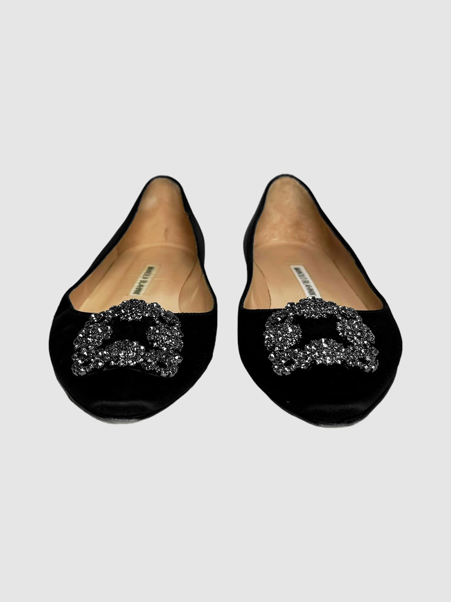 Manolo Blahnik HangisiflaBlack Satin Jewel Buckle Flats Consignment Secondhand Designer Luxury Resale Toronto Trendy
