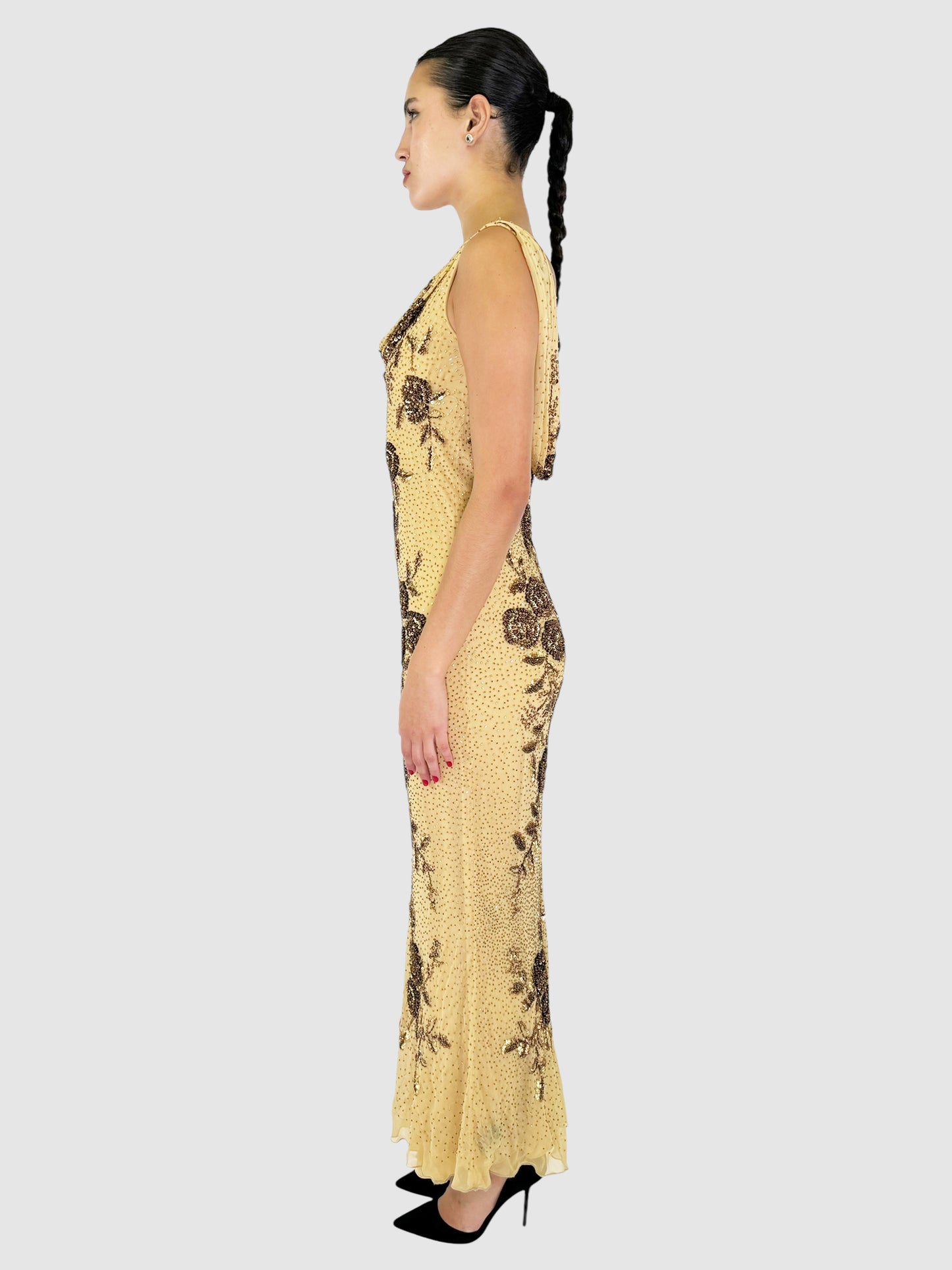Sequin Floral Print Maxi Dress - Size 40