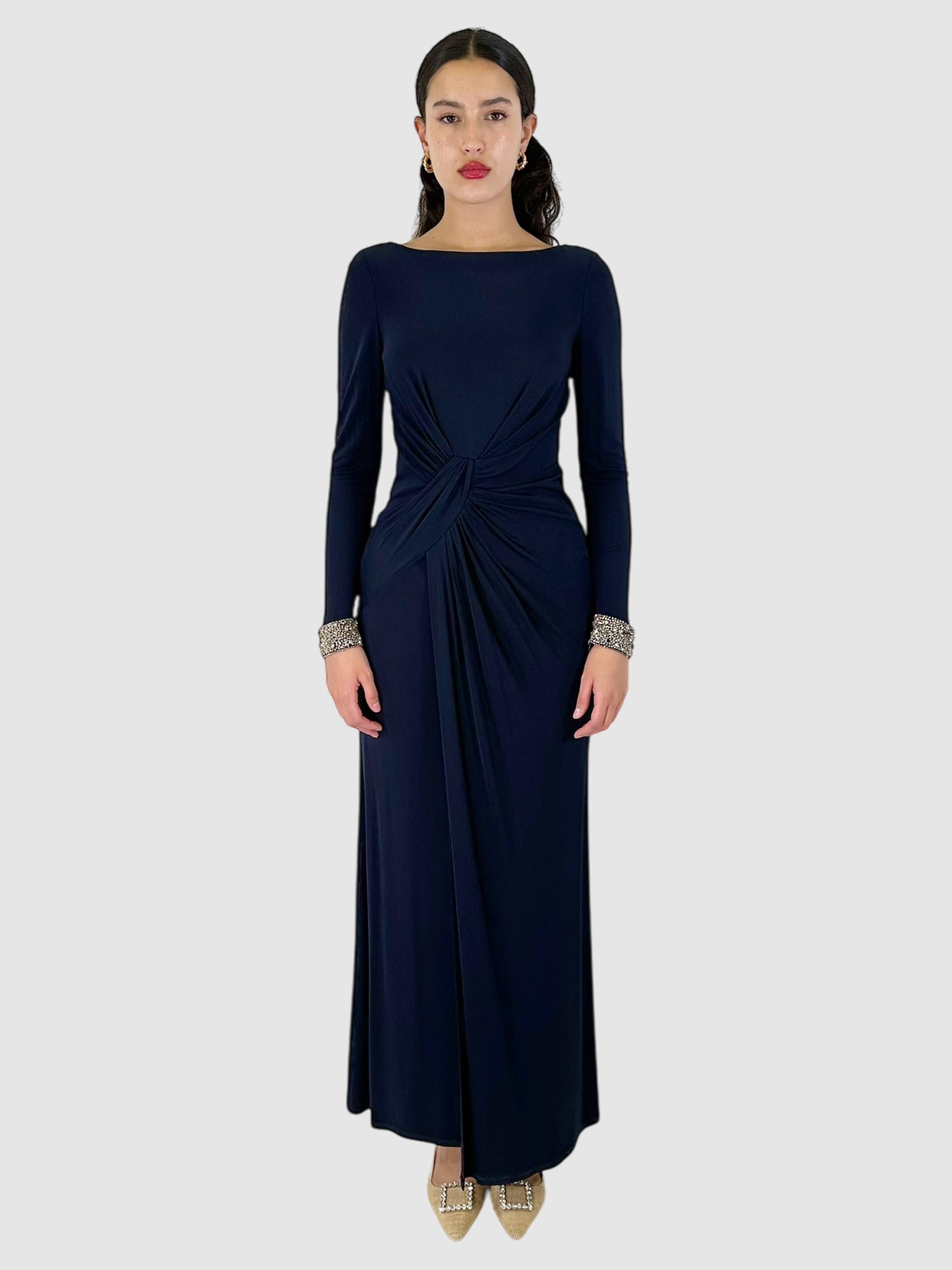 David Meister Front Ruched Beaded Maxi Dress - Size 4 David Meister Front Ruched Beaded Maxi Dress - Size 4