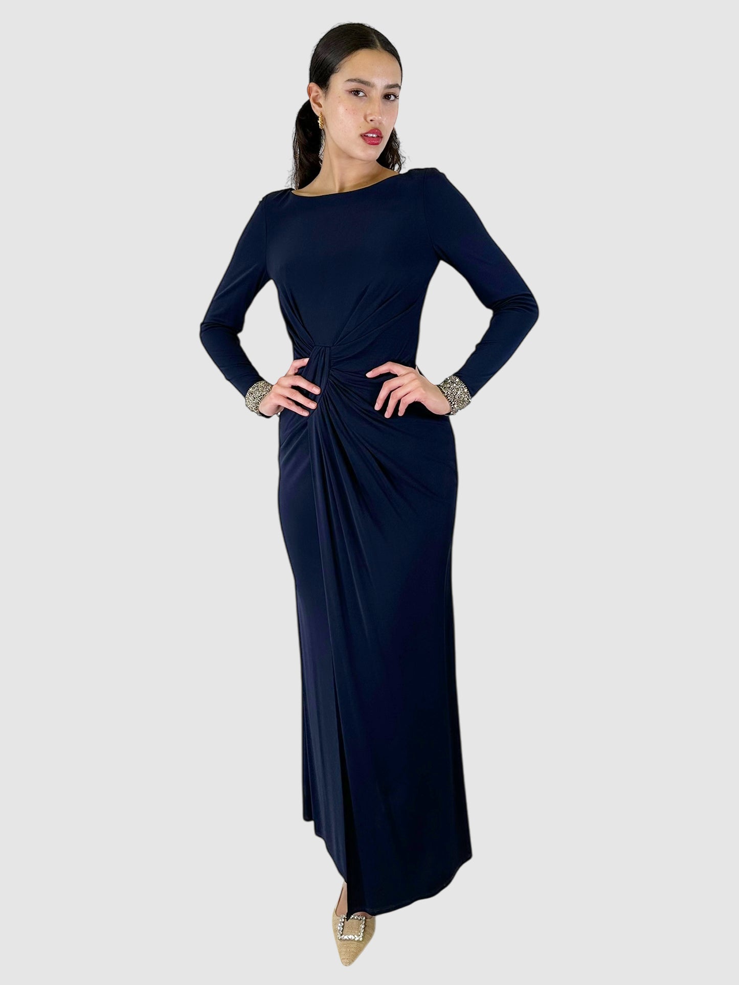 Front Ruched Beaded Maxi Dress - Size 4