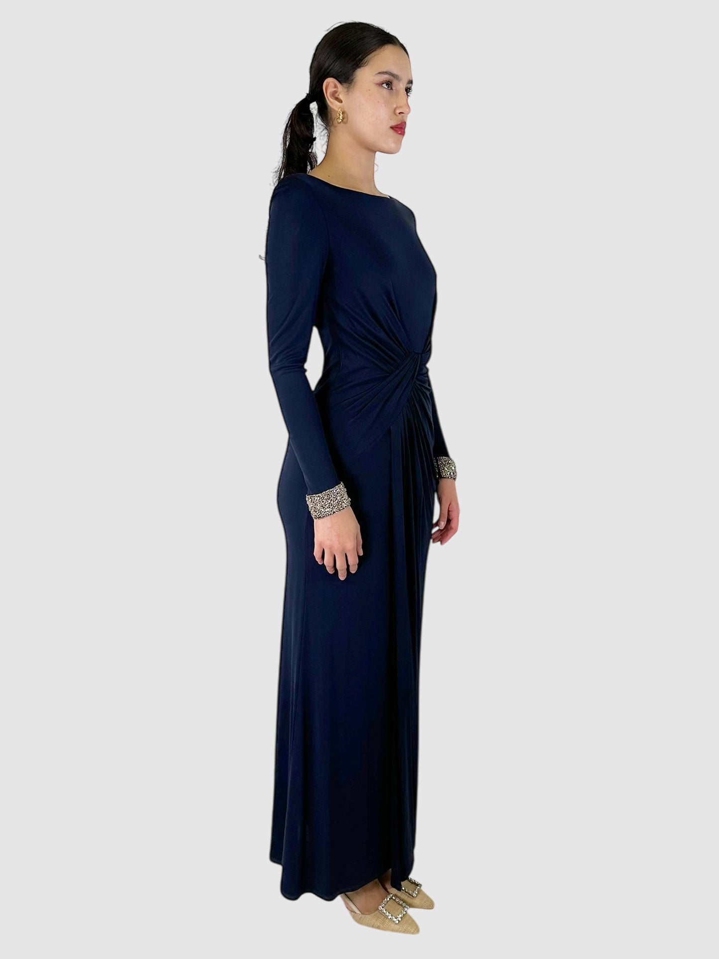 Front Ruched Beaded Maxi Dress - Size 4