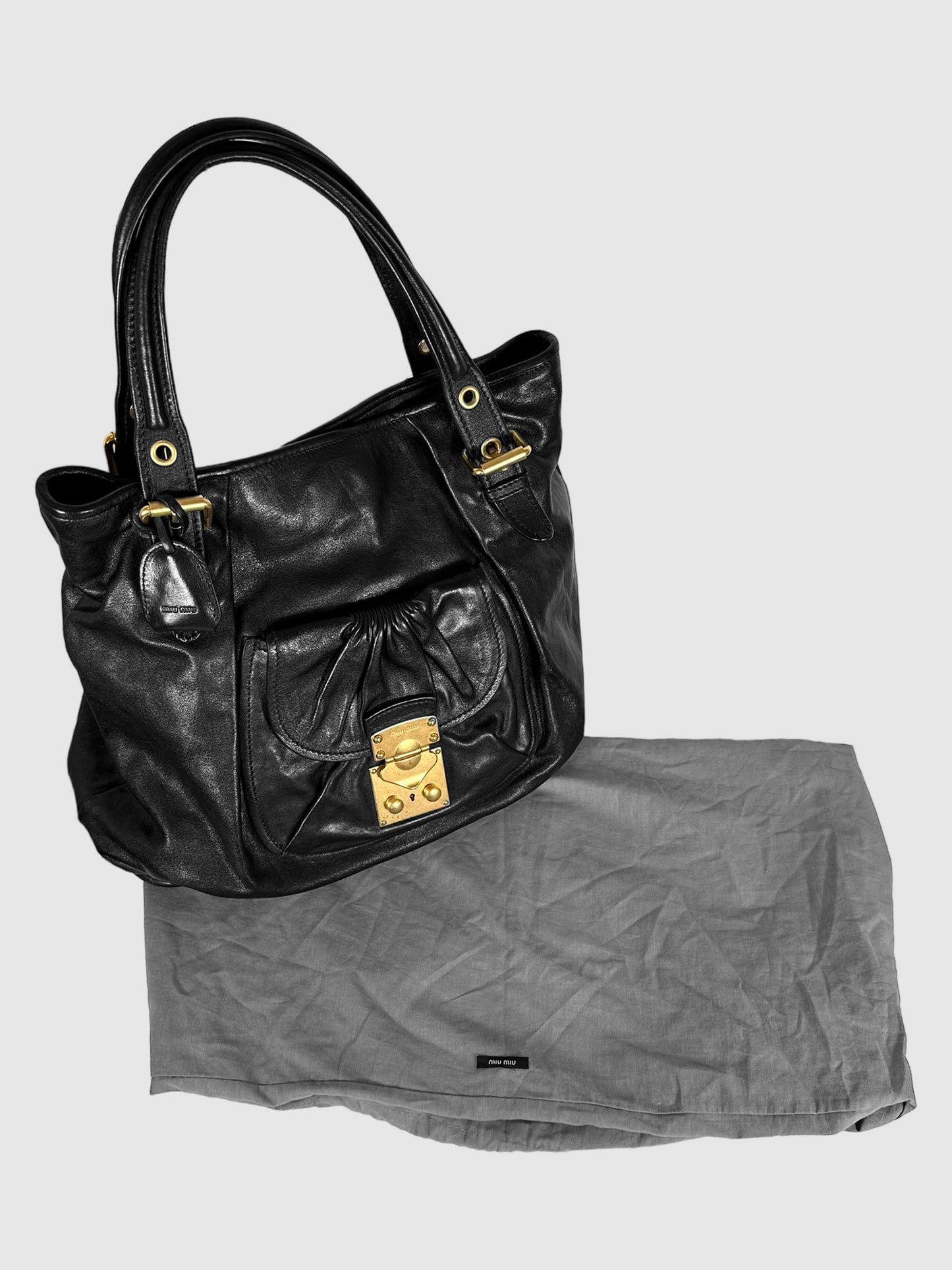 Miu Miu Black Vitello Leather Cadeado Tote Bag Consignment Secondhand Designer Luxury Resale Toronto Trendy