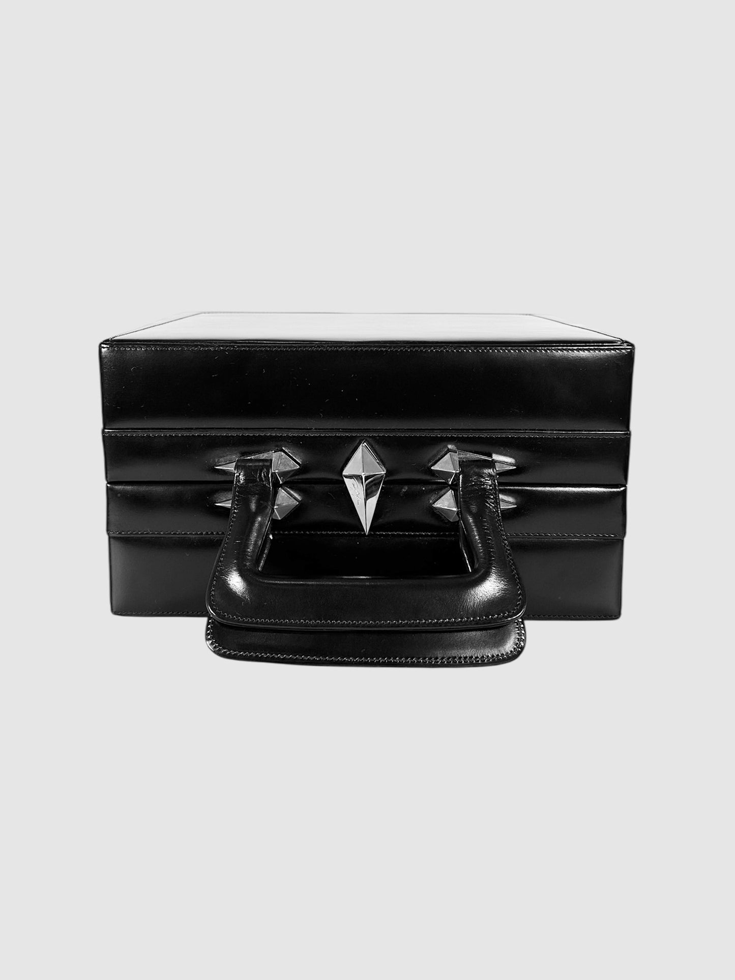 Thierry Mugler Black Leather 1990s Top Handle Makeup Carrying Box Bag Vintage Luxury Designer Resale Consignment Toronto