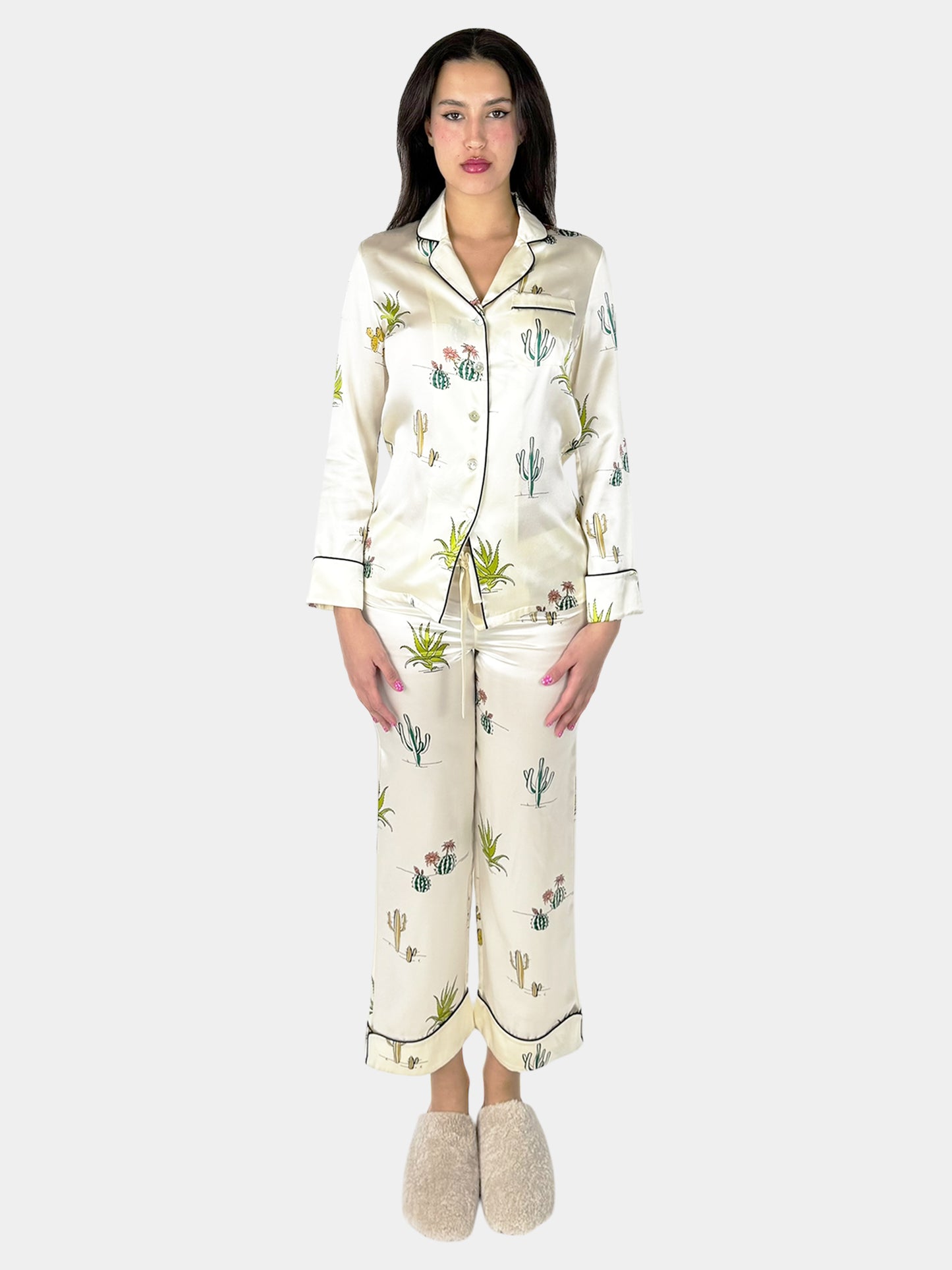 Cactus Print Silk Pyjama 2-Piece Set - Size S