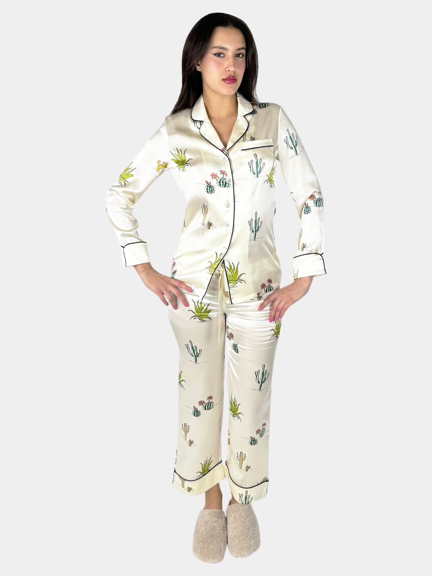 Cactus Print Silk Pyjama 2-Piece Set - Size S