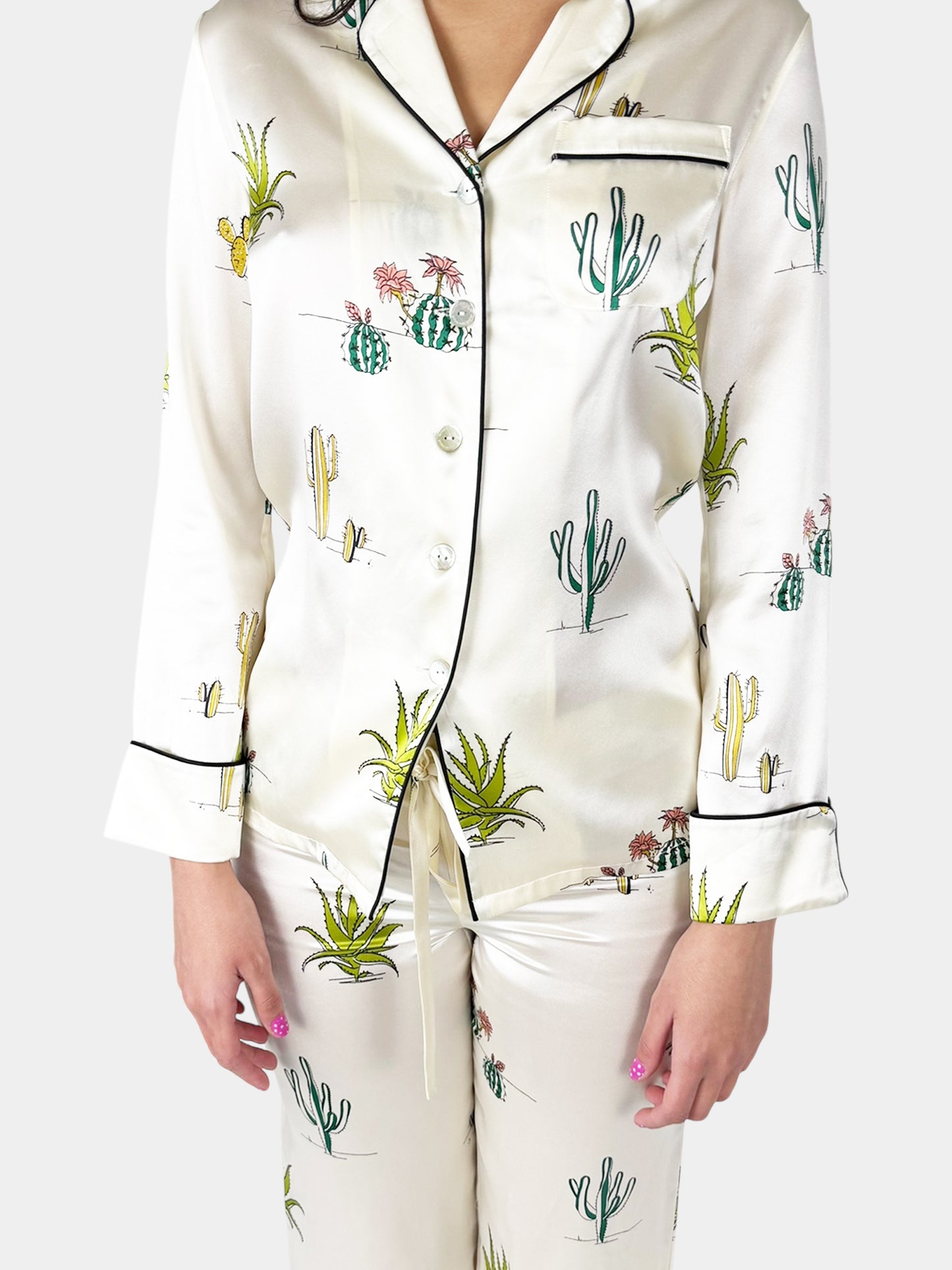 Cactus Print Silk Pyjama 2-Piece Set - Size S