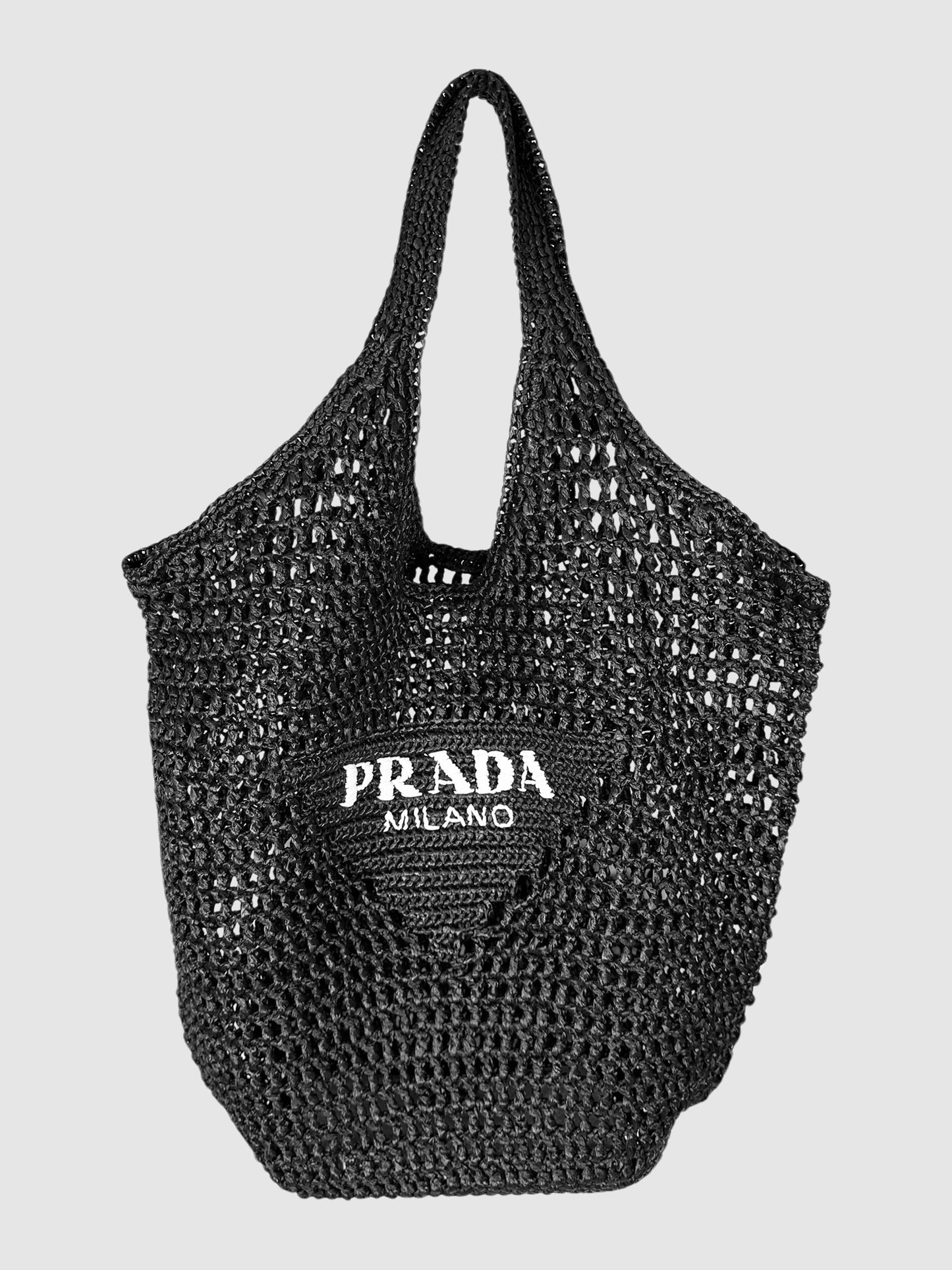 Prada Black Raffia Net Triangle Logo Shopper Tote Bag Luxury Designer Resale Consignment Canada Toronto