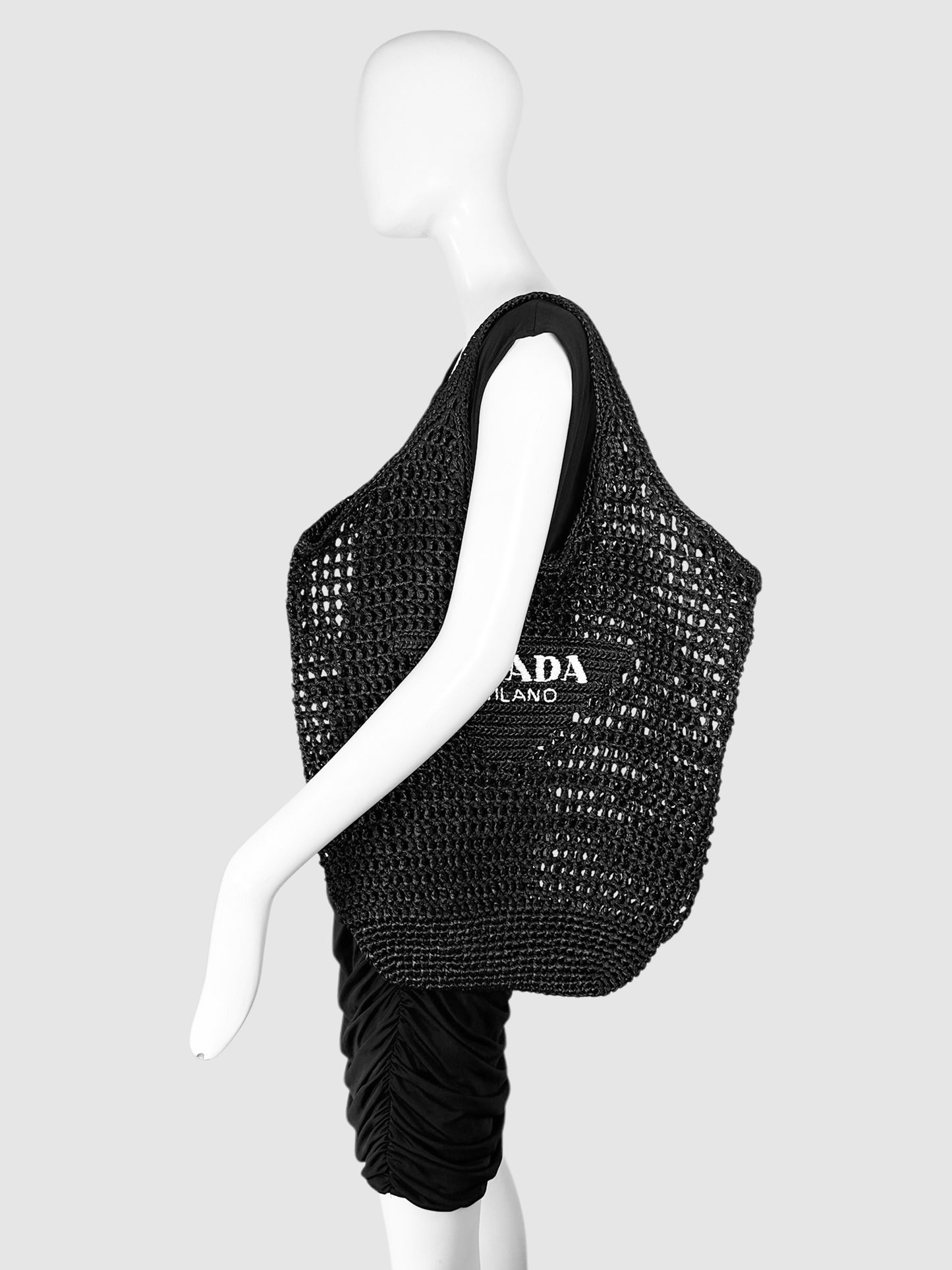 Prada Black Raffia Net Triangle Logo Shopper Tote Bag Luxury Designer Resale Consignment Canada Toronto