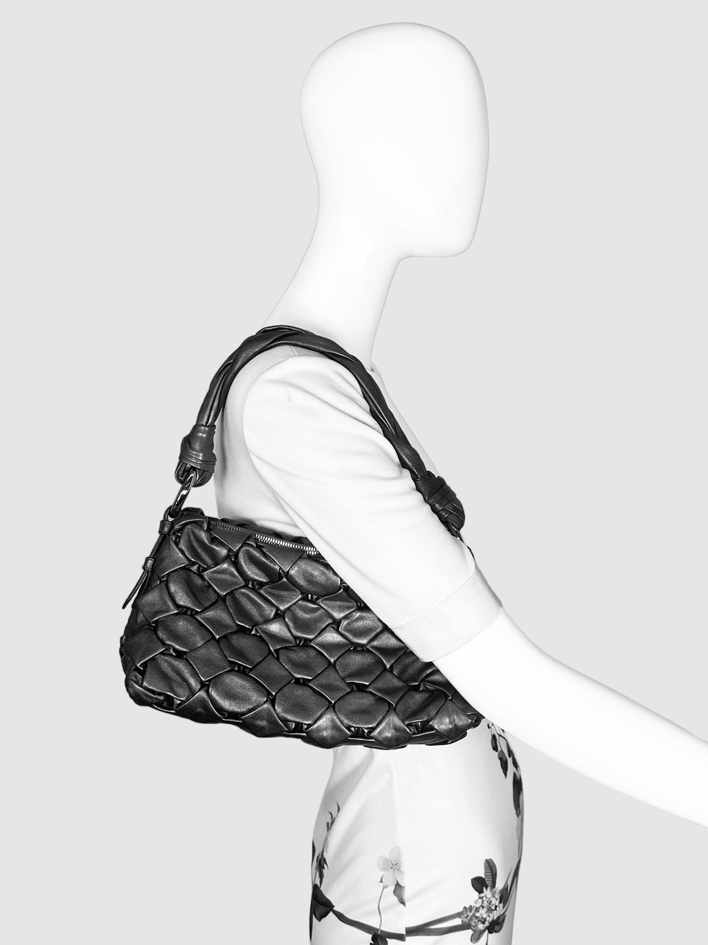 Prada Metallic Black Woven Nappa B Leather Shoulder Bag Consignment Secondhand Designer Luxury Resale Toronto Trendy