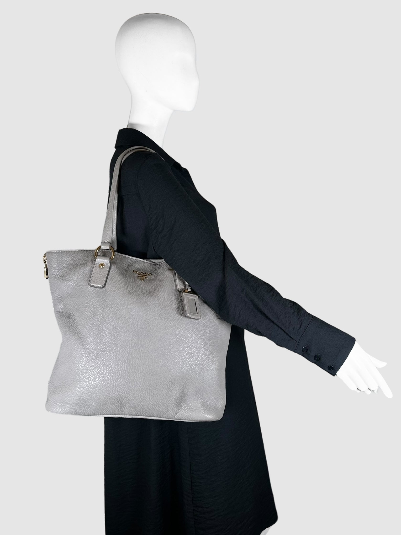 Prada Grey Vitello Daino Leather Side Zip Tote Bag Consignment Secondhand Designer Luxury Resale Toronto Trendy