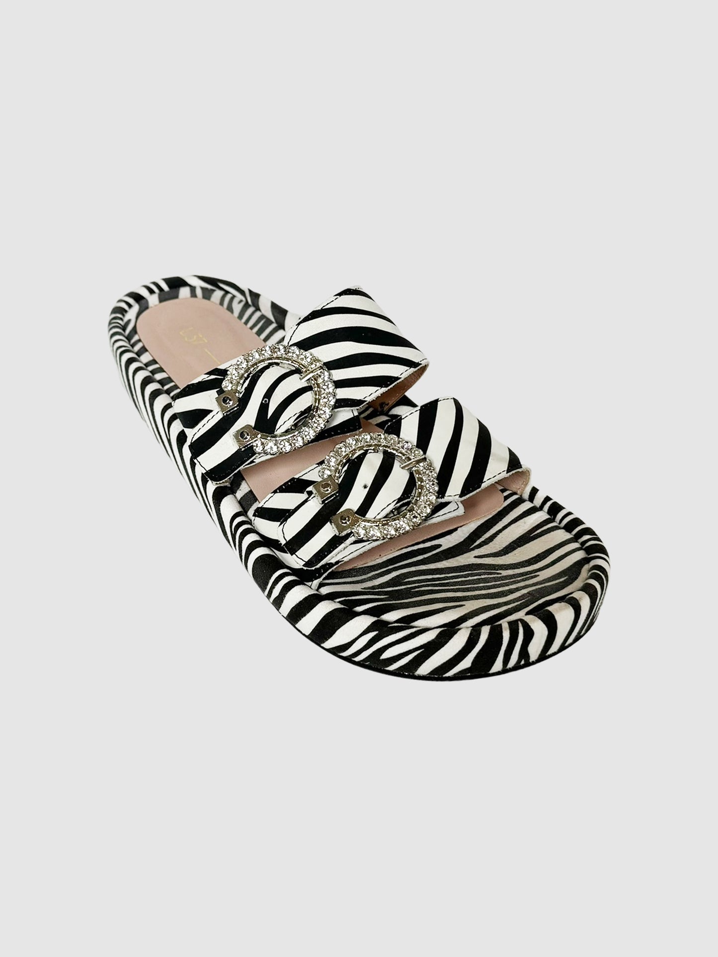 Zebra Print Crystal Buckle Slides - Size 40