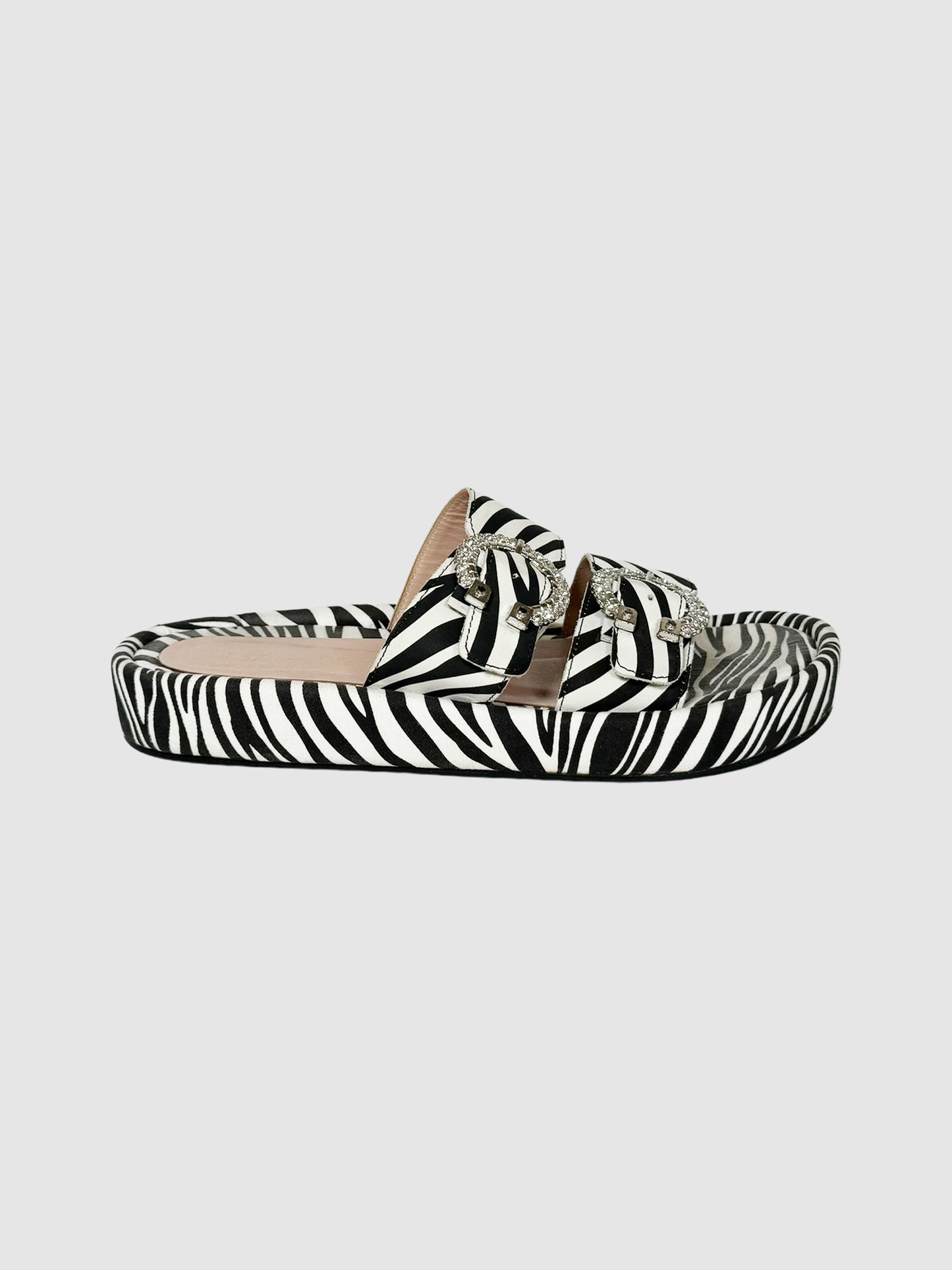 Zebra Print Crystal Buckle Slides - Size 40