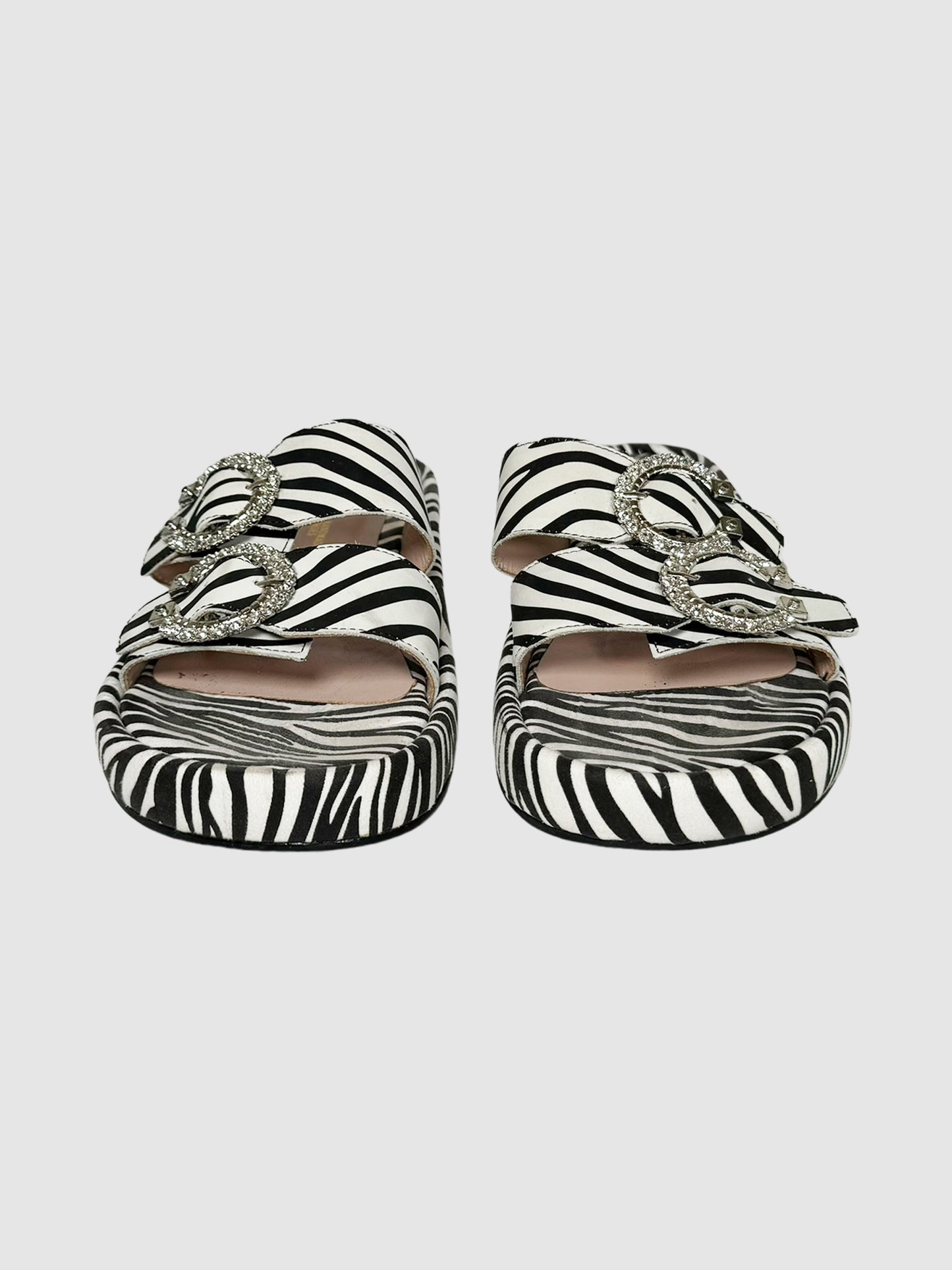 Zebra Print Crystal Buckle Slides - Size 40