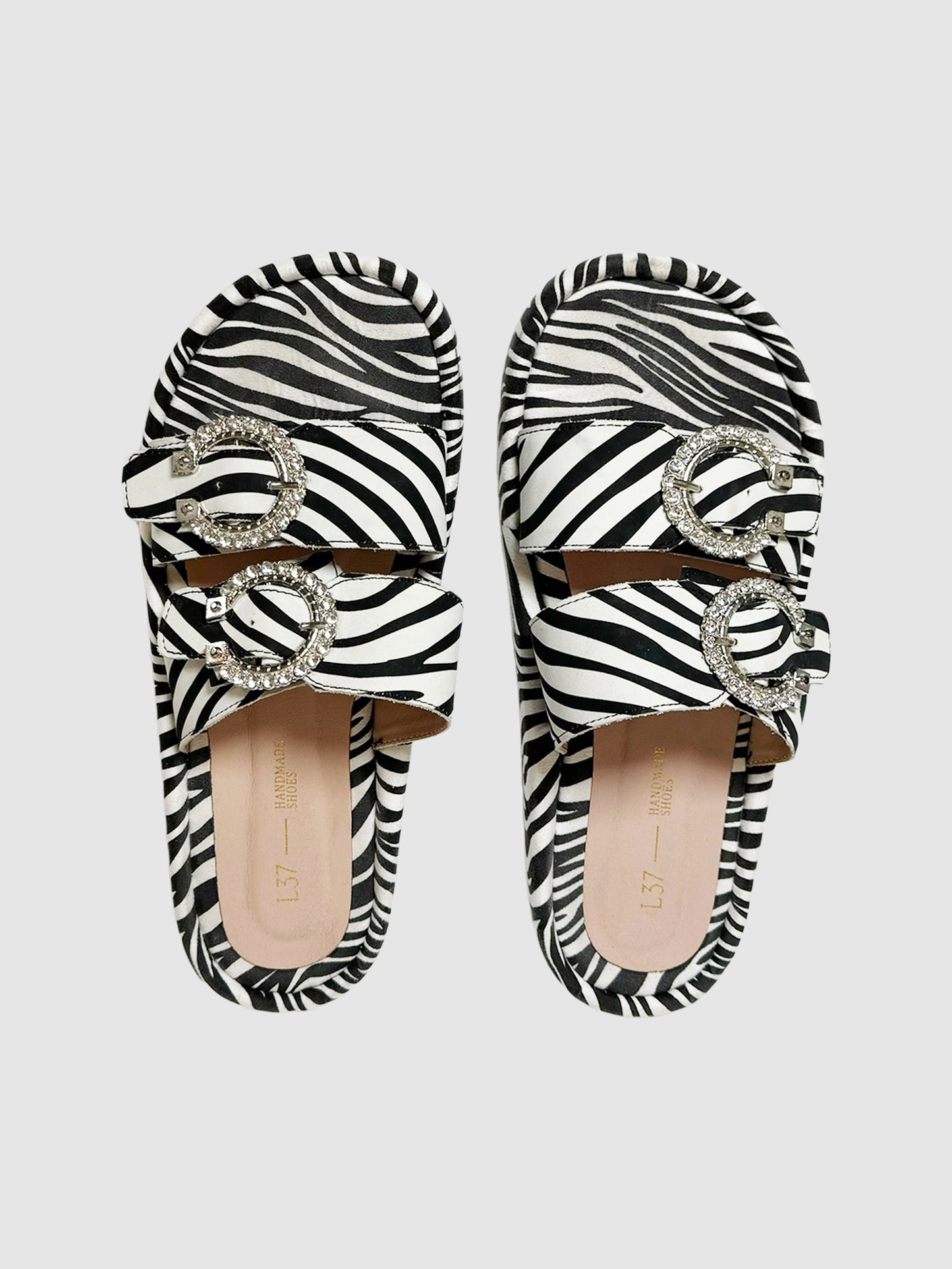Zebra Print Crystal Buckle Slides - Size 40
