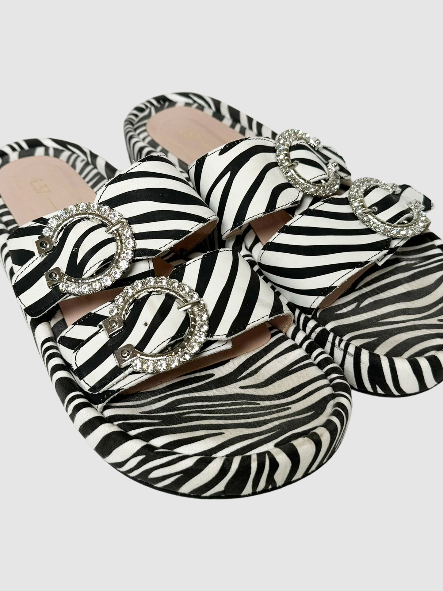 Zebra Print Crystal Buckle Slides - Size 40
