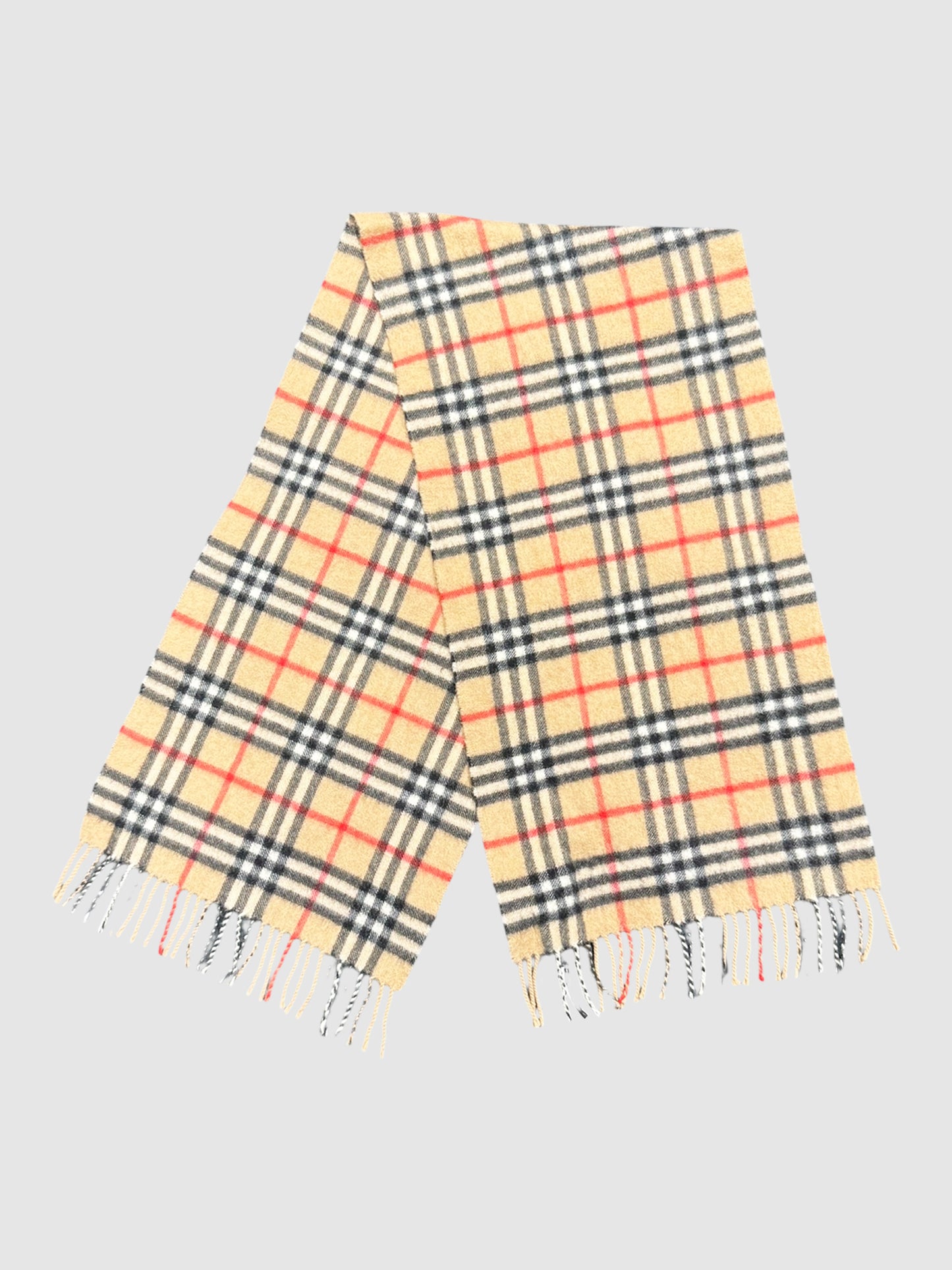 Burberry Beige Nova Check Cashmere Scarf with Fringe Trim Winter Accessories Luxury Designer Resale Consignment Toronto