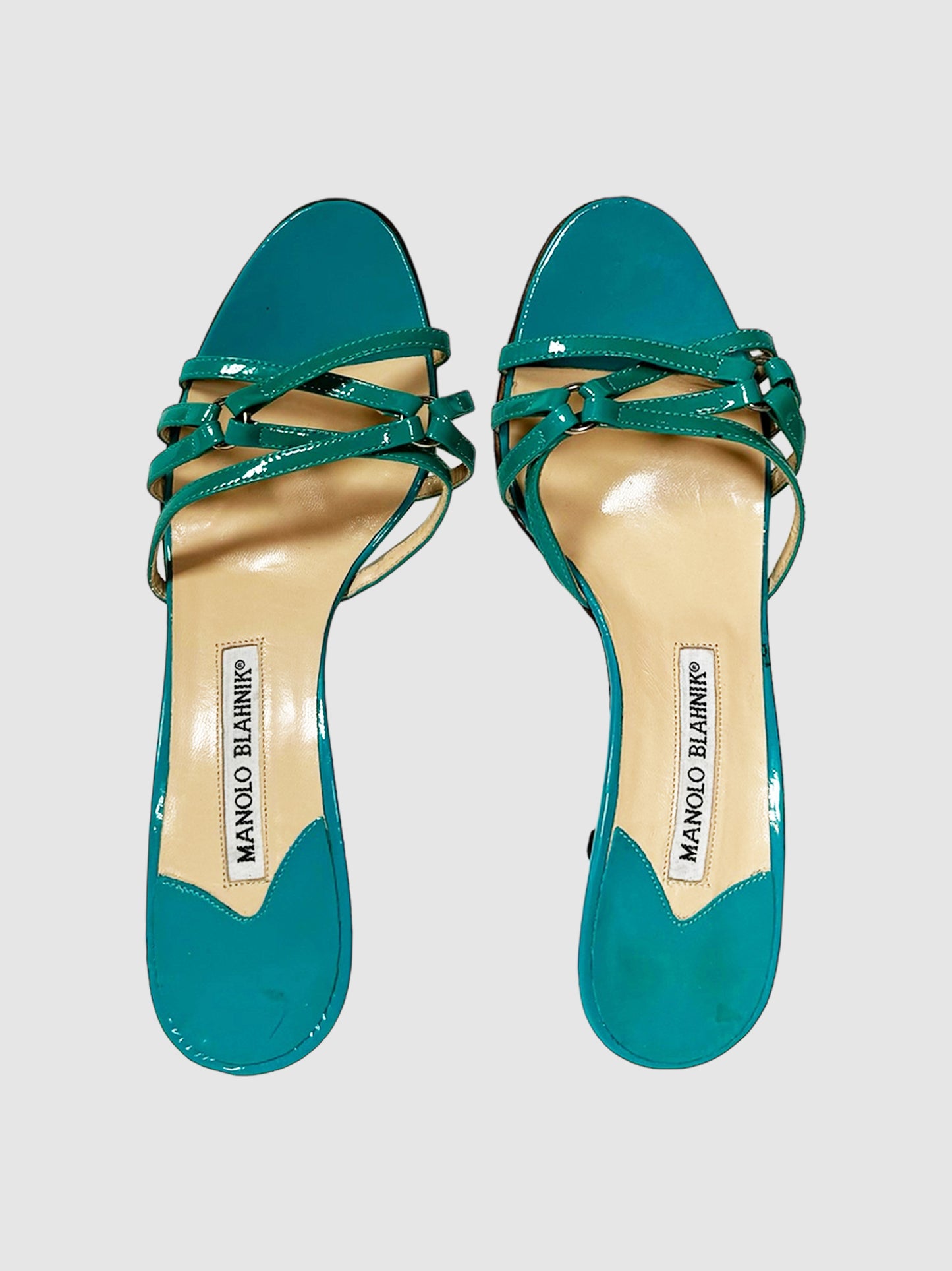 Manolo Blahnik Teal Patent Leather Sandals Size 36.5 Consignment Secondhand Designer Luxury Resale Toronto Trendy