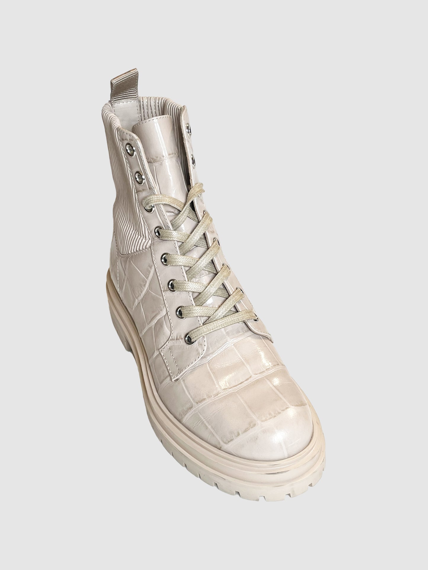 Gianvito Rossi Beige Croc Embossed Lace-Up Combat Boots