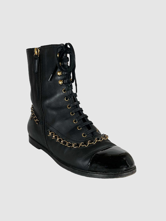 Chain-Link Leather Combat Boots - Size 37.5
