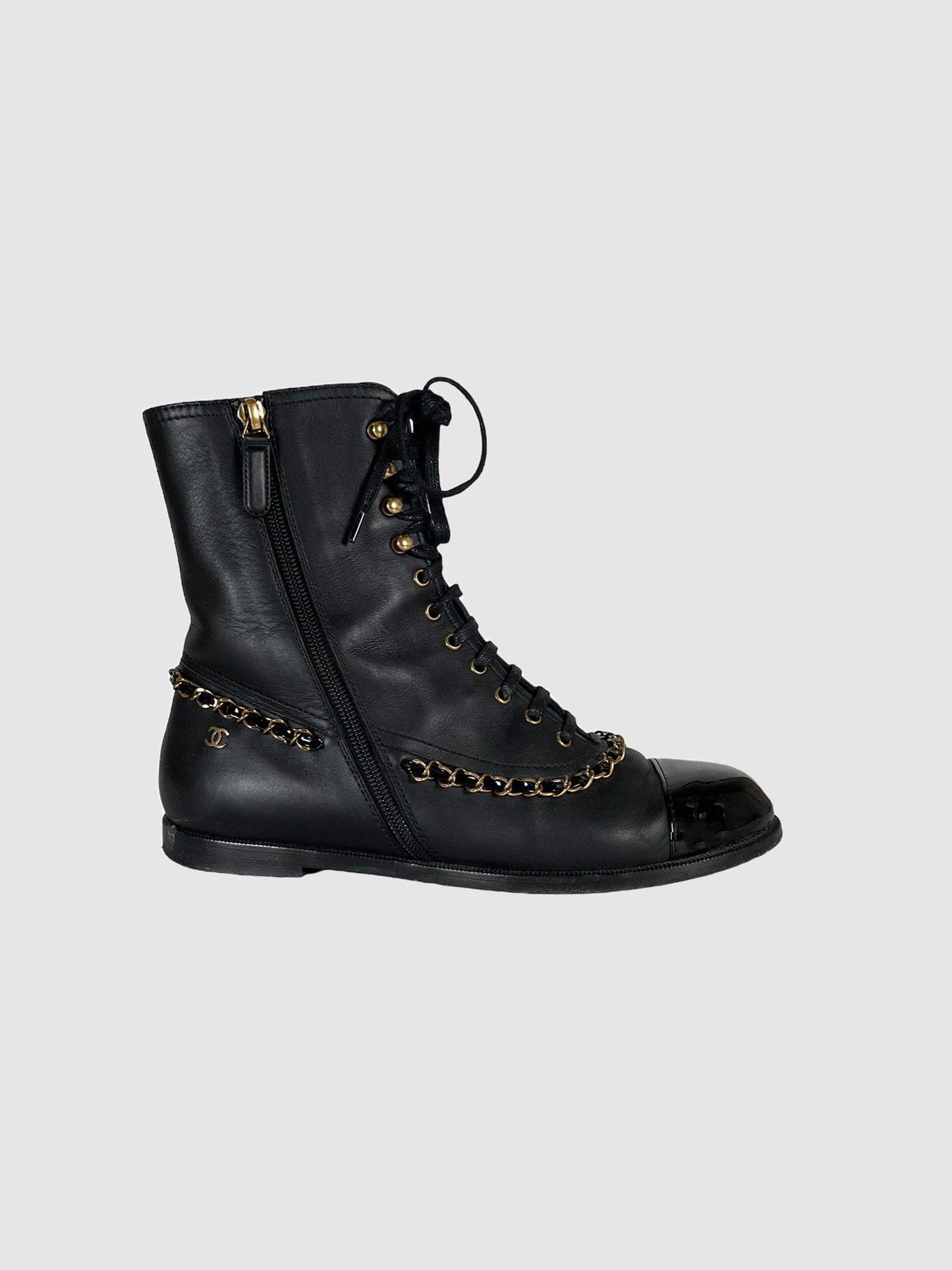 Chain-Link Leather Combat Boots - Size 37.5
