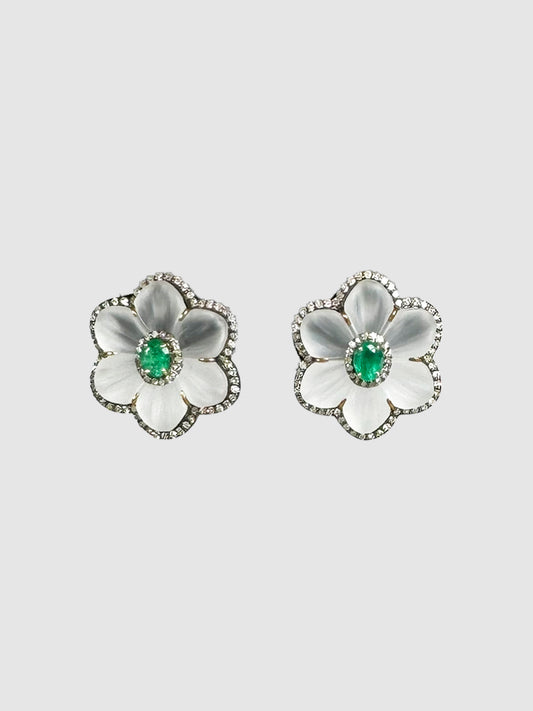 Flower Victorian Diamond Emerald Earrings
