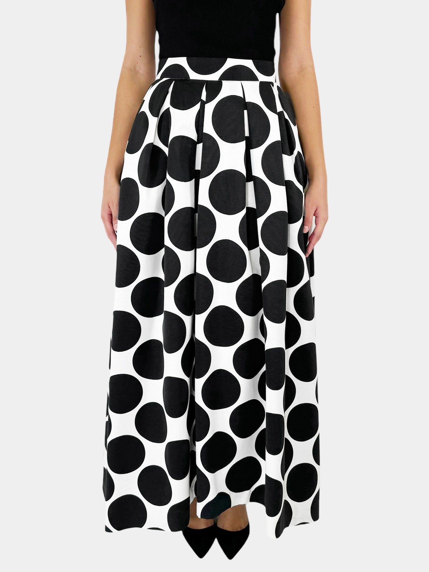 Pleated Polka Dot Print Maxi Skirt - Size S