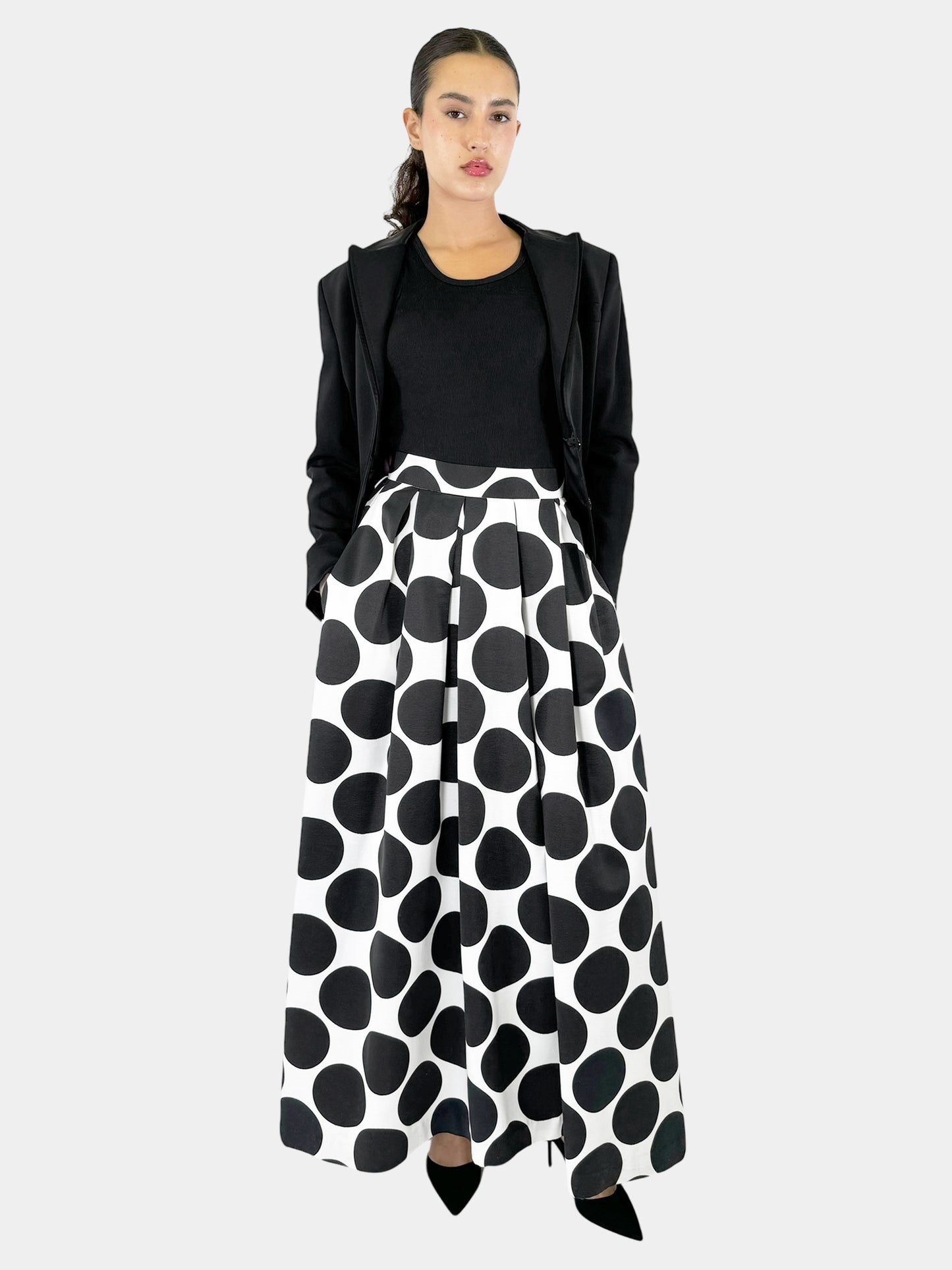 Pleated Polka Dot Print Maxi Skirt - Size S