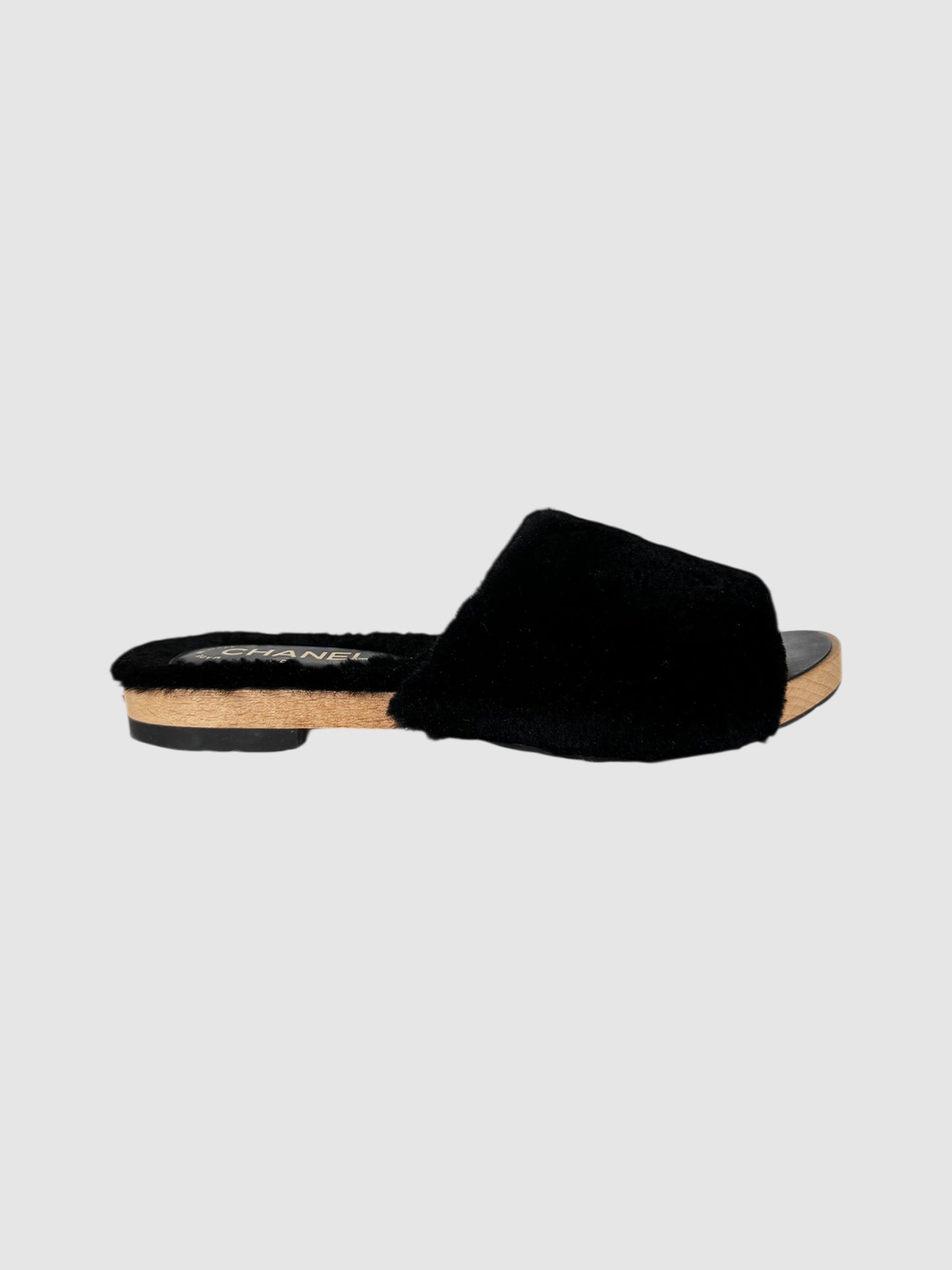 Chanel 2017 Black CC Fur Sandals, Size 40 Luxury Designer Resale Consignment Vintage Secondhand Toronto RealReal