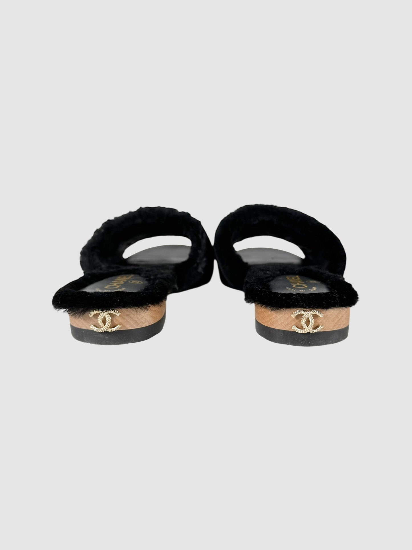 Chanel 2017 Black CC Fur Sandals, Size 40 Luxury Designer Resale Consignment Vintage Secondhand Toronto RealReal