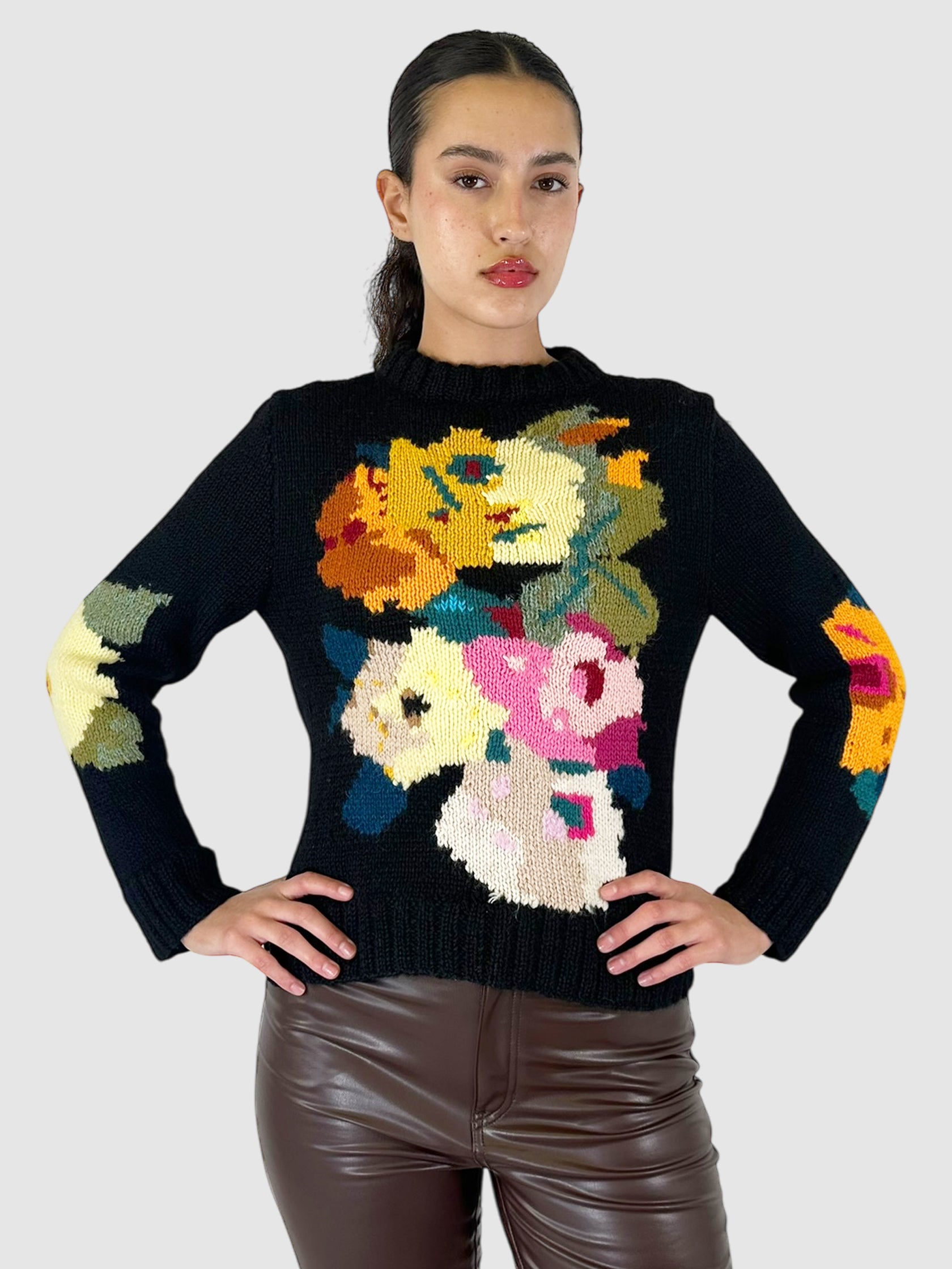 Wool Flower Design Knit Sweater - Size S