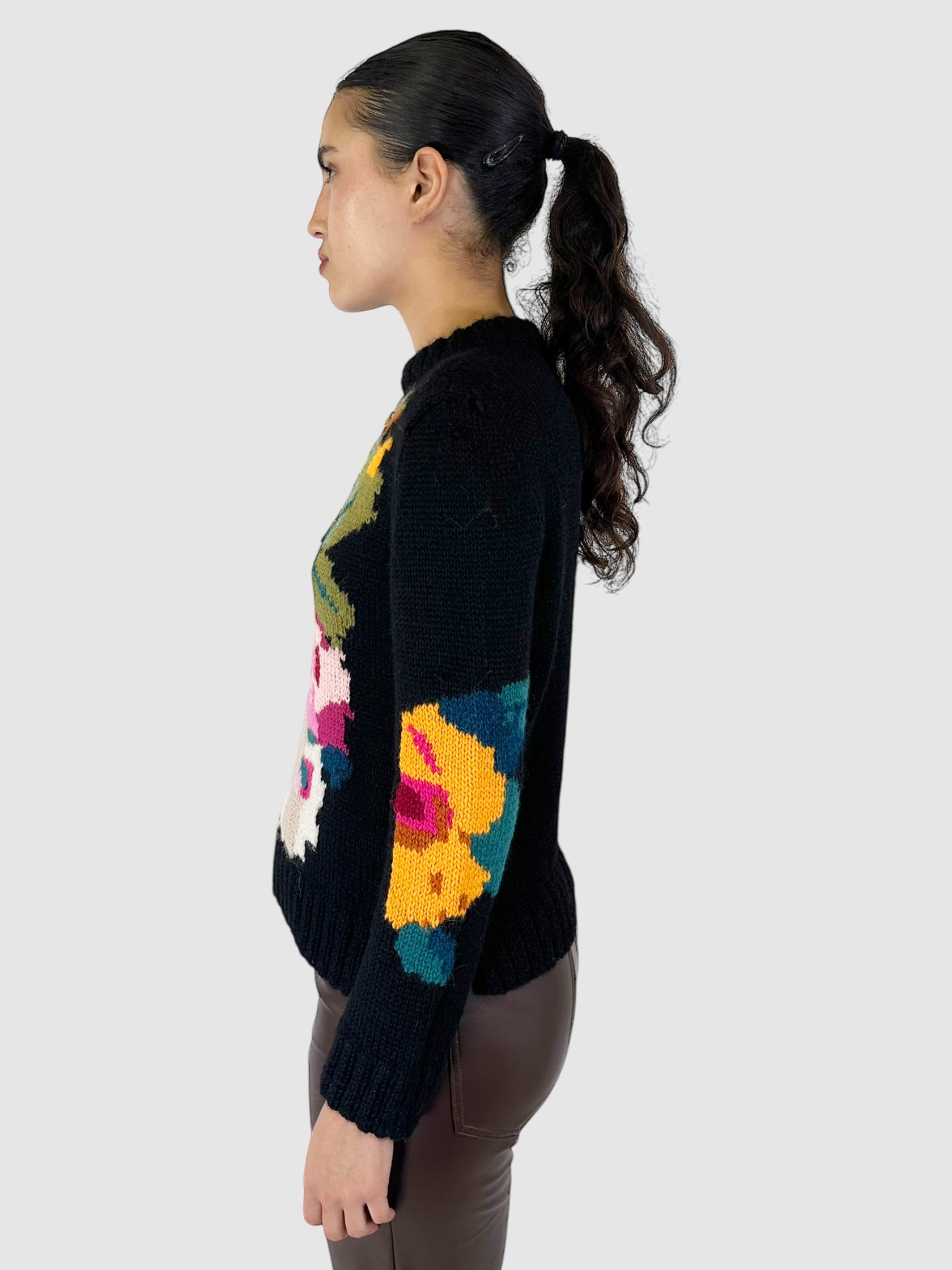 Wool Flower Design Knit Sweater - Size S