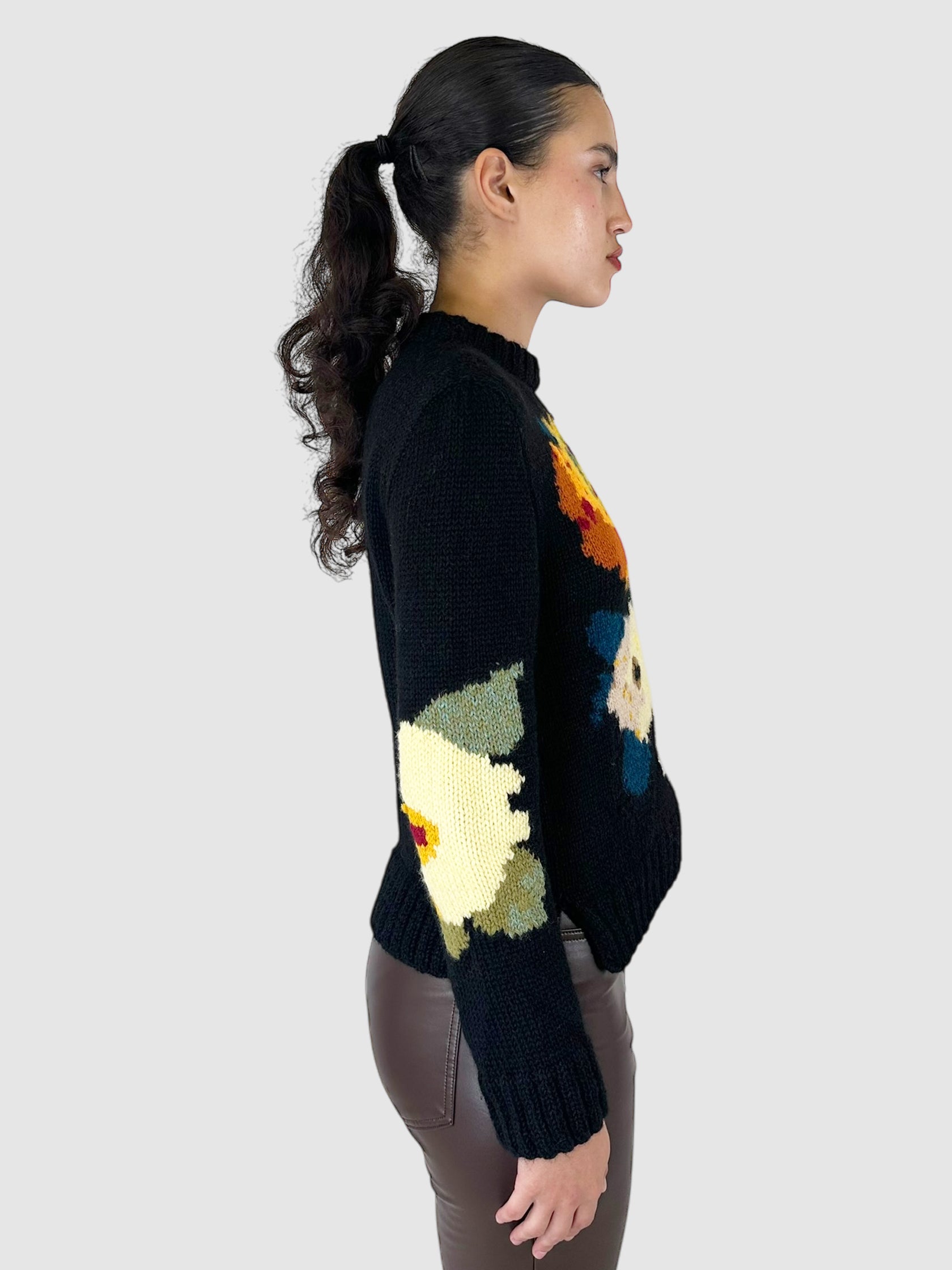 Wool Flower Design Knit Sweater - Size S