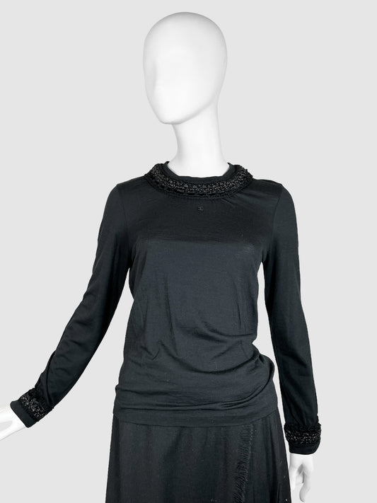 Chanel Black Wool Sweater with Knit Trim