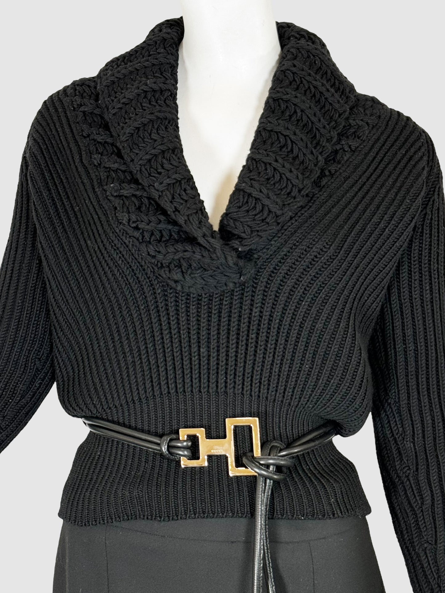 Wool V-Neck Sweater with Belt - Size S
