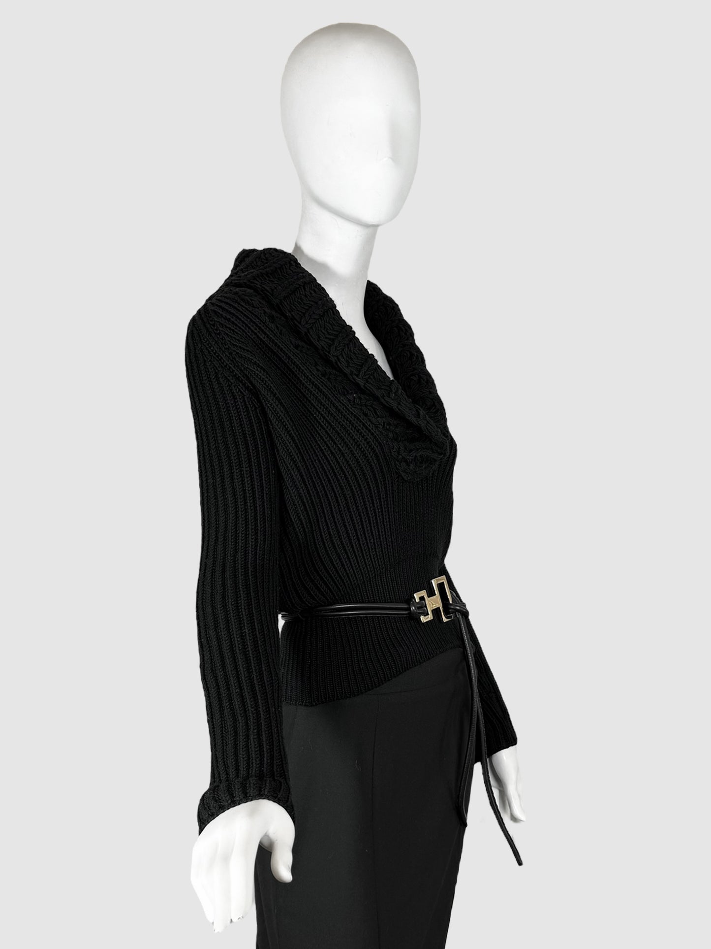 Wool V-Neck Sweater with Belt - Size S