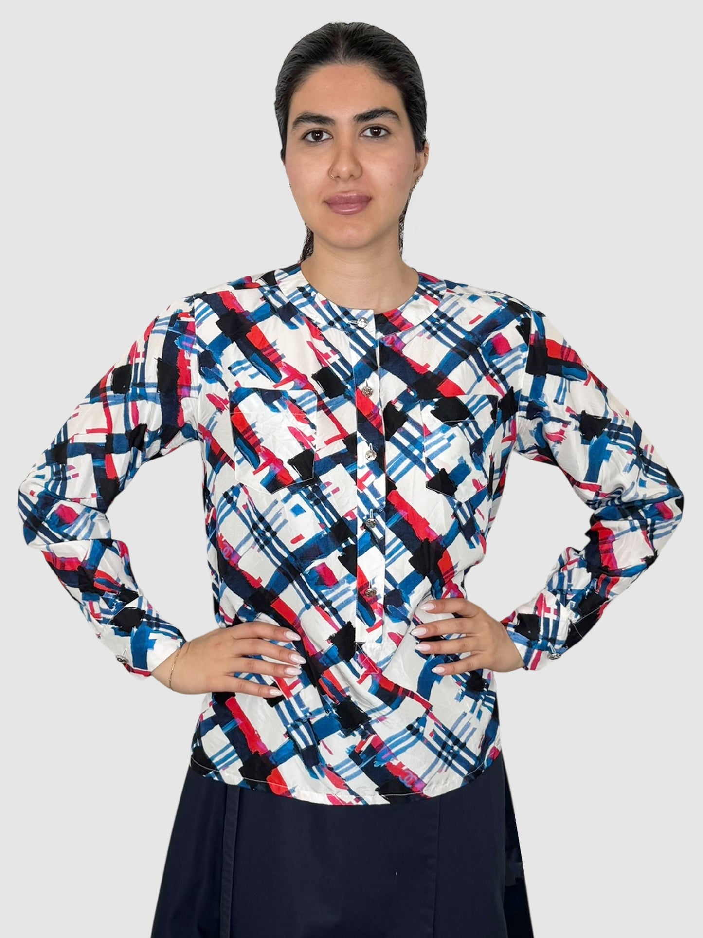 Chanel 2016 Multicolour Multi-Print Silk Button-Up Top, Size 36 luxury designer resale consignment vintage secondhand Toronto Canada