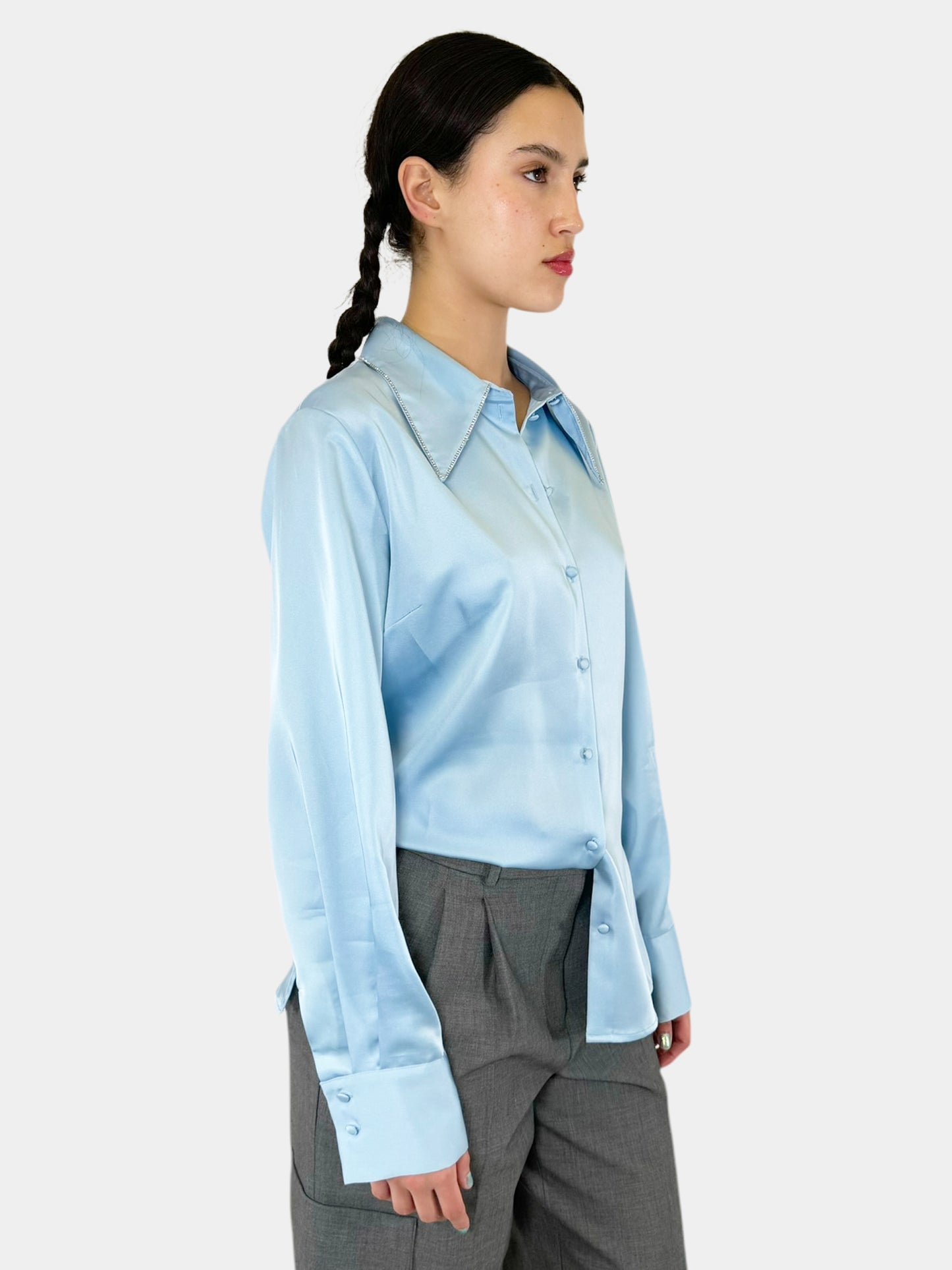 Rhinestone Trim Satin Button-Up Top - Size M