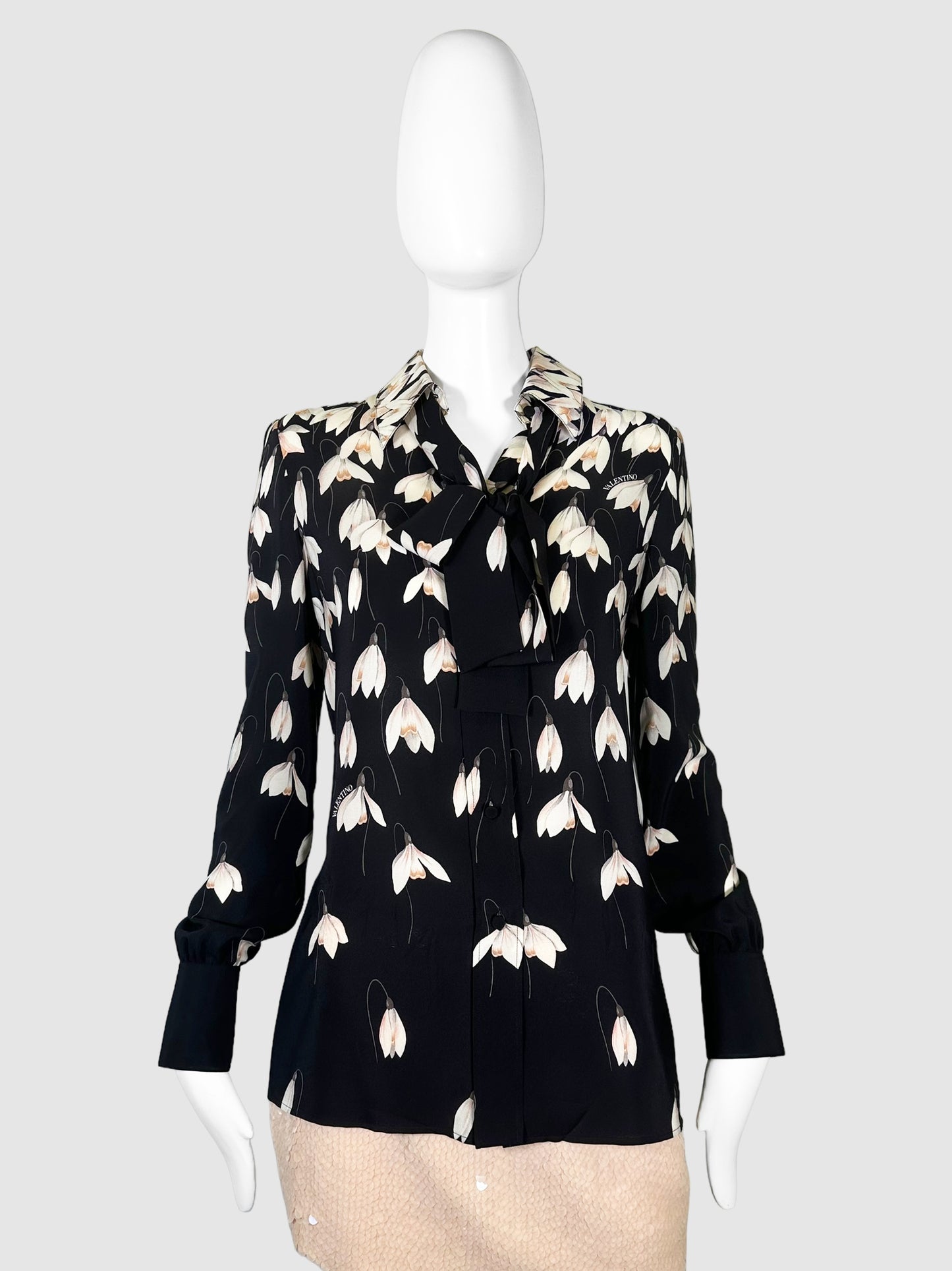 Valentino Black with Pink and White Floral Snowdrop Collared Top with Neck Tie Size 38 Consignment Secondhand Designer Luxury Resale Toronto Trendy