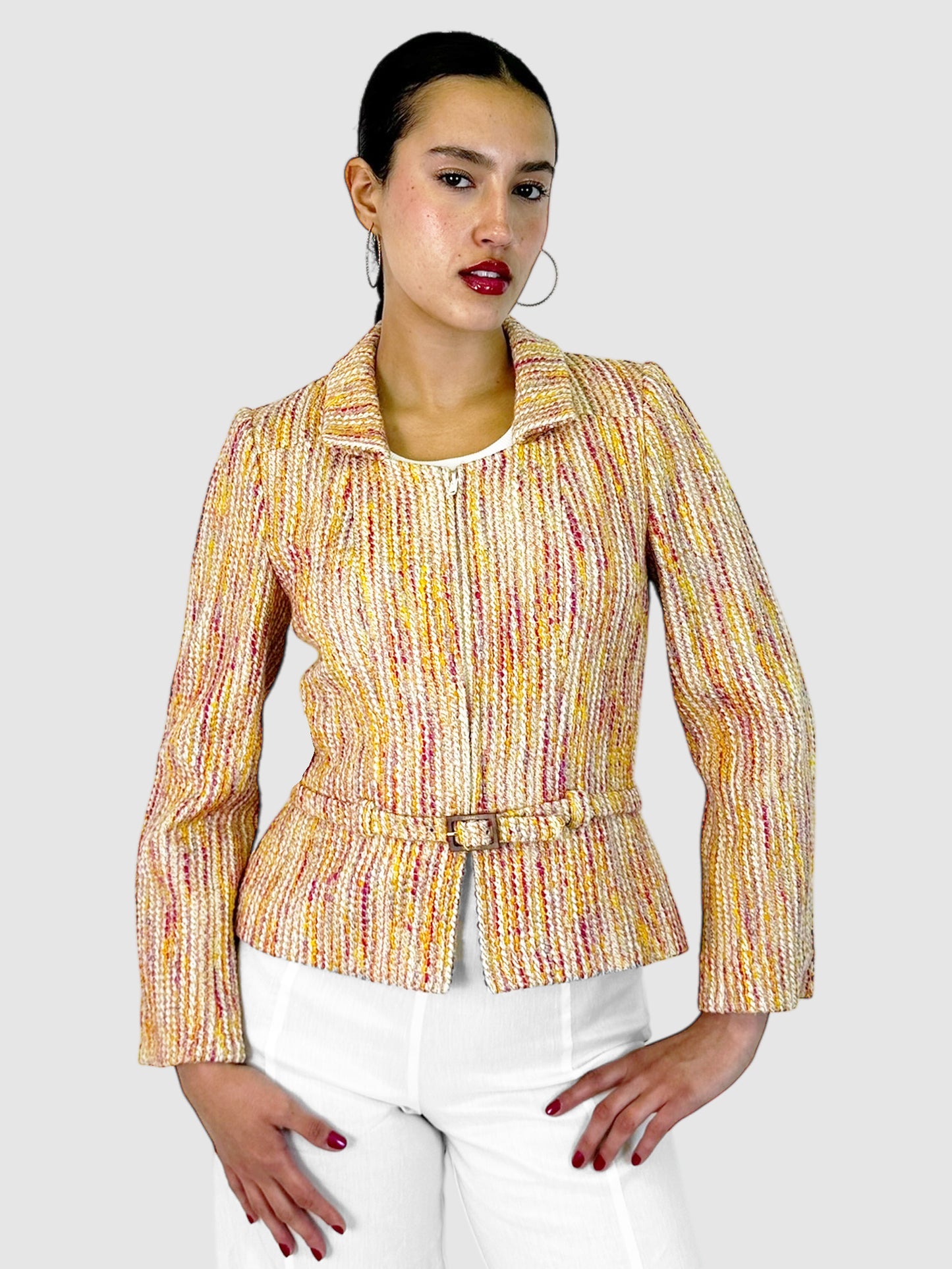 Chanel Pink, Yellow, and White Wool-Blend Tweed Belted Boucle Jacket - Size 42 Luxury Designer Resale Consignment Toronto Secondhand
