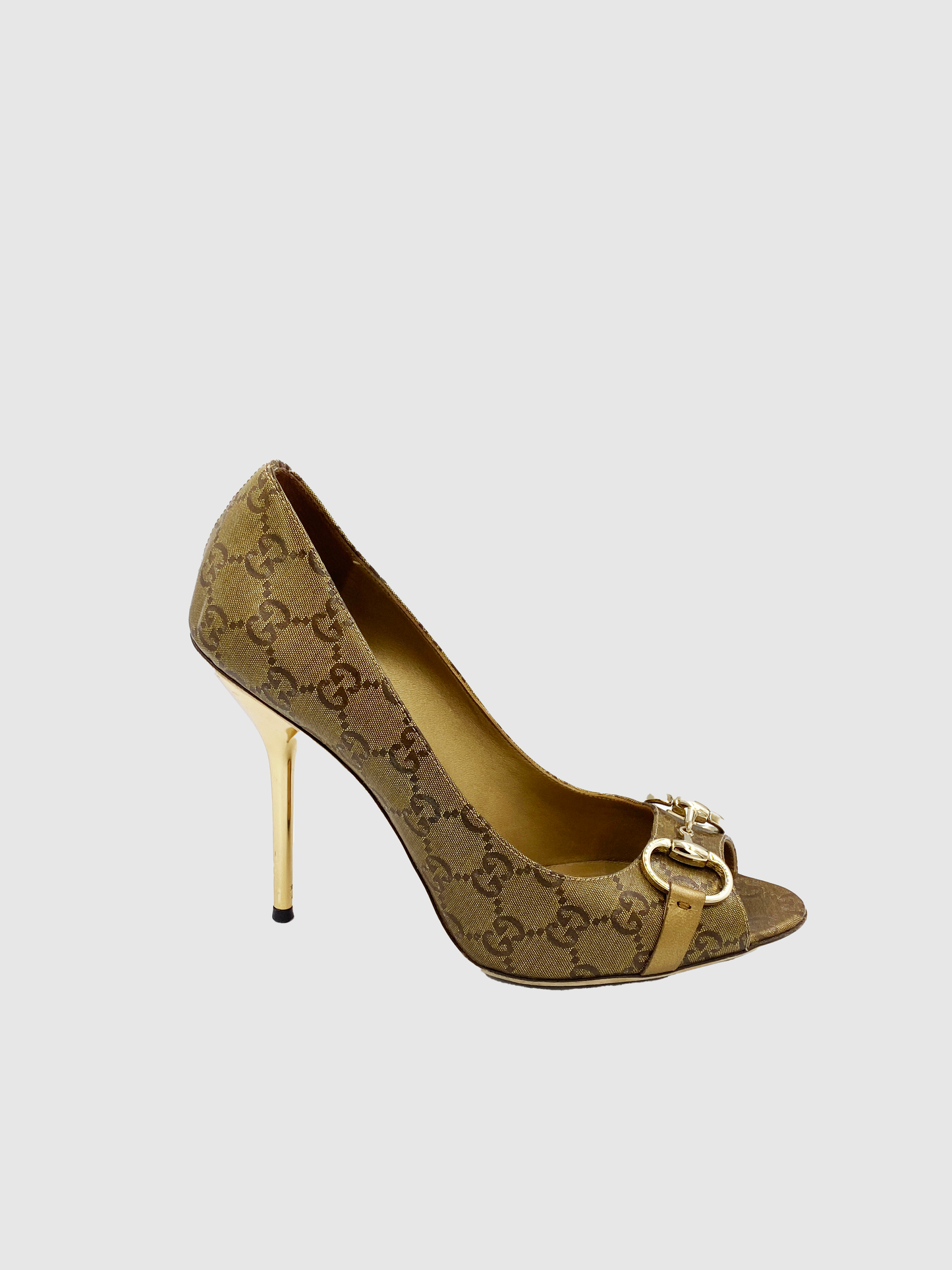 Gucci Gold Monogram Peep Toe Heels - Size 9