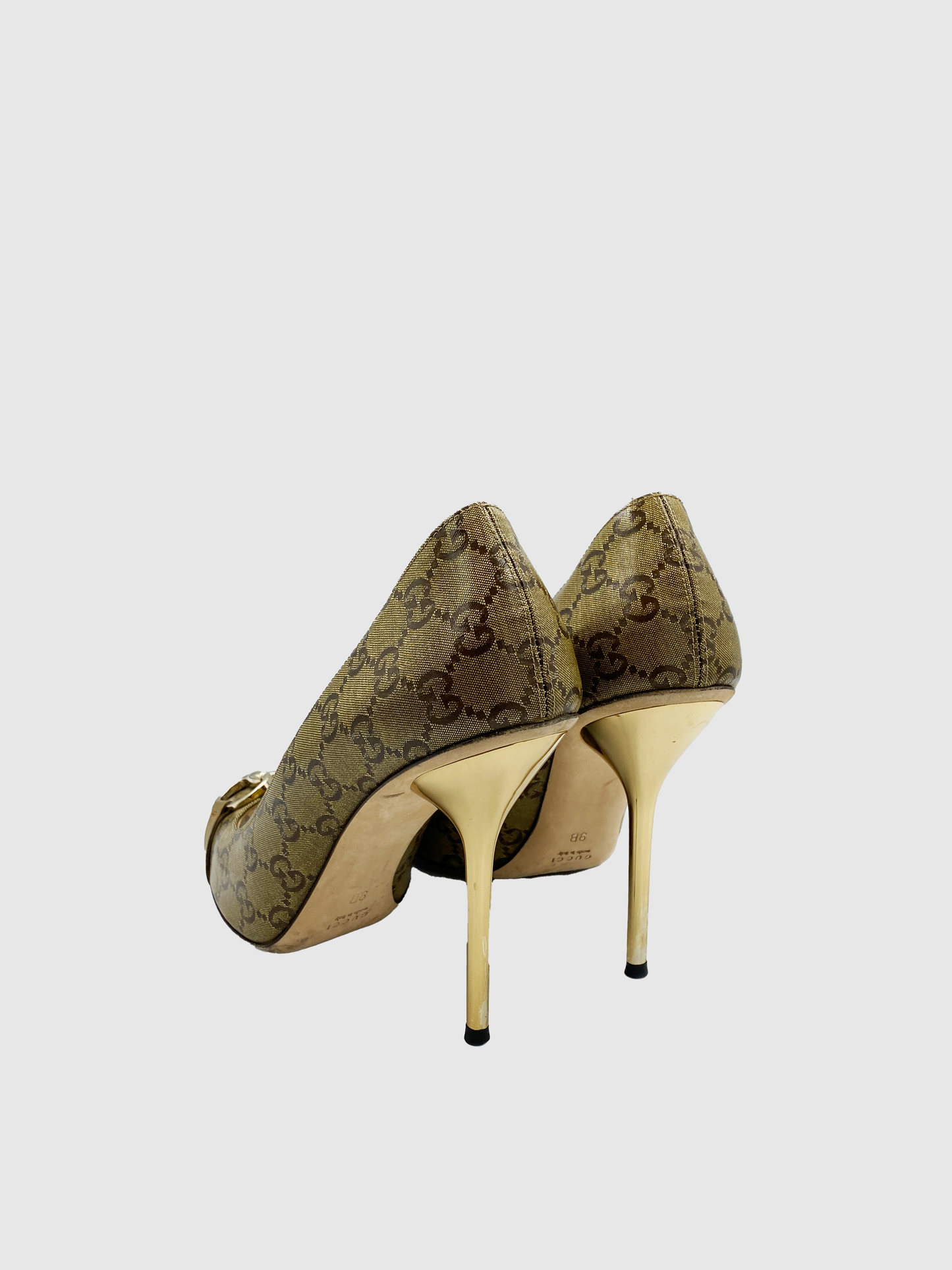 Gucci Gold Monogram Peep Toe Heels - Size 9