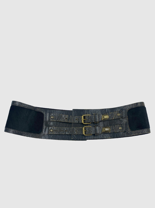 Wide Double Buckle Leather Belt