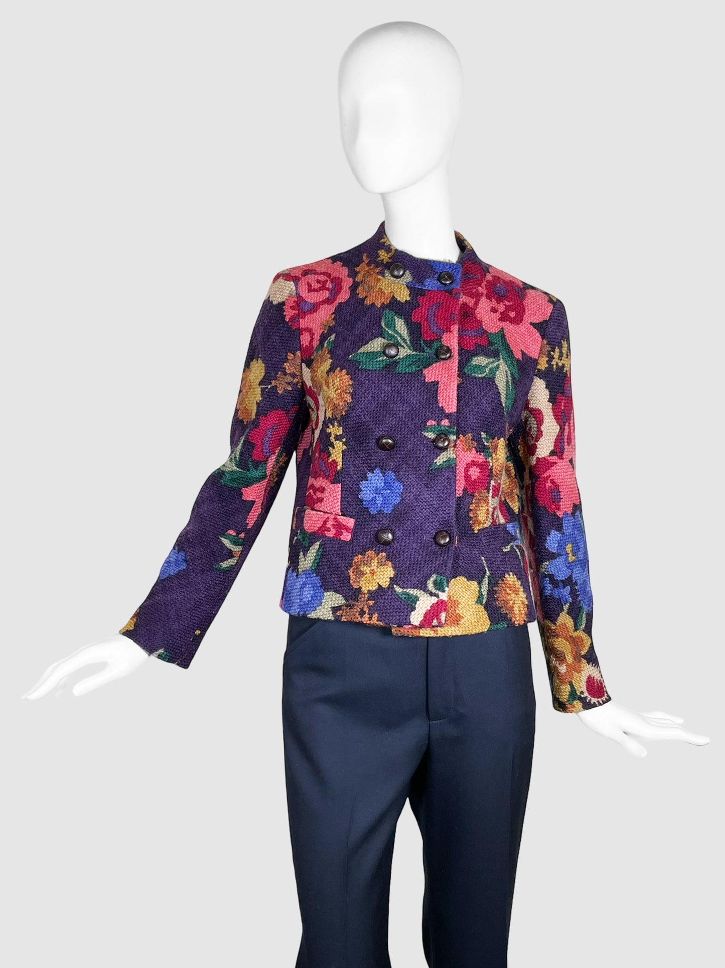 Wool Floral Print Double-Breasted Blazer - Size L