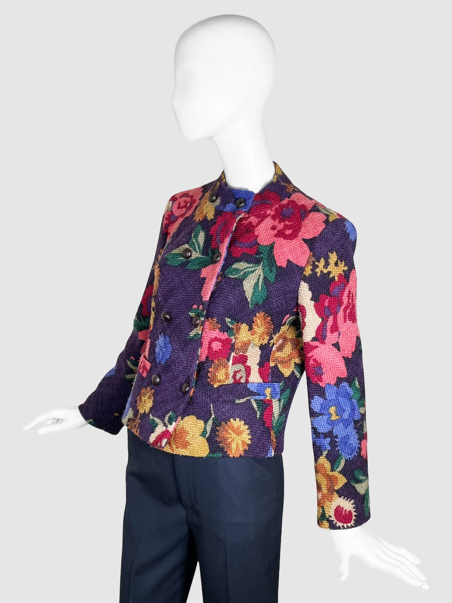 Wool Floral Print Double-Breasted Blazer - Size L
