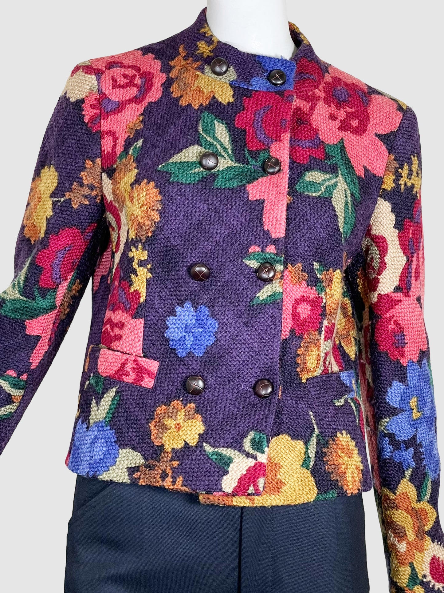 Wool Floral Print Double-Breasted Blazer - Size L